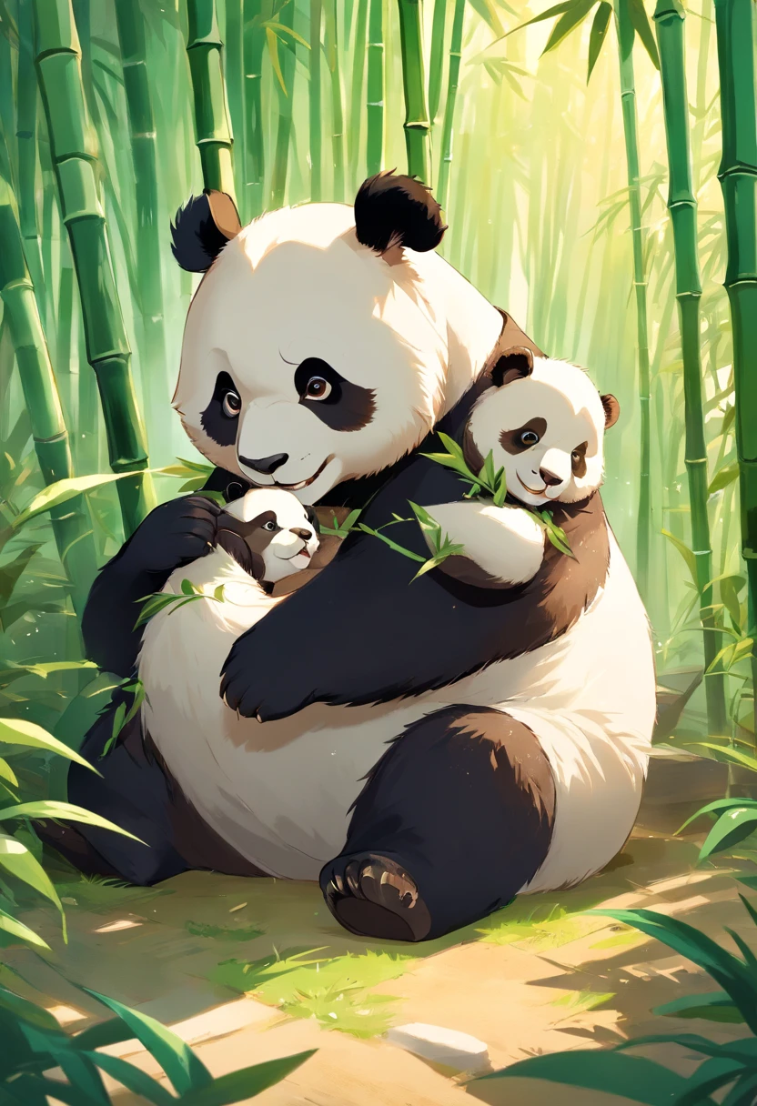 4KTwo cute furry panda cubs in a realistic roll playfully in a sunny bamboo glade, Warm light passes through the leaves. Detailed fur texture, Quiet natural mood, Gentle lighting. Traditional watercolor style. ●AR4:5 - s 400 - 虹5