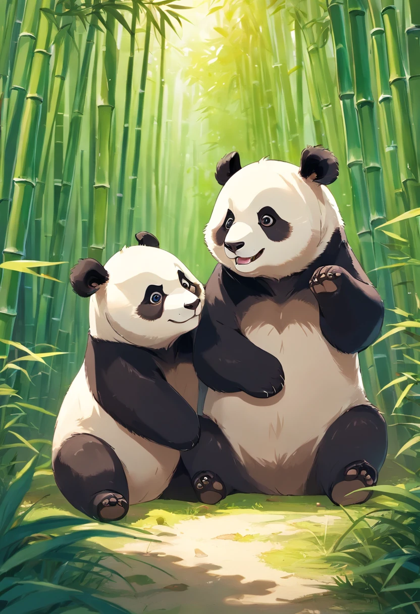 4KTwo cute furry panda cubs in a realistic roll playfully in a sunny bamboo glade, Warm light passes through the leaves. Detailed fur texture, Quiet natural mood, Gentle lighting. Traditional watercolor style. ●AR4:5 - s 400 - 虹5