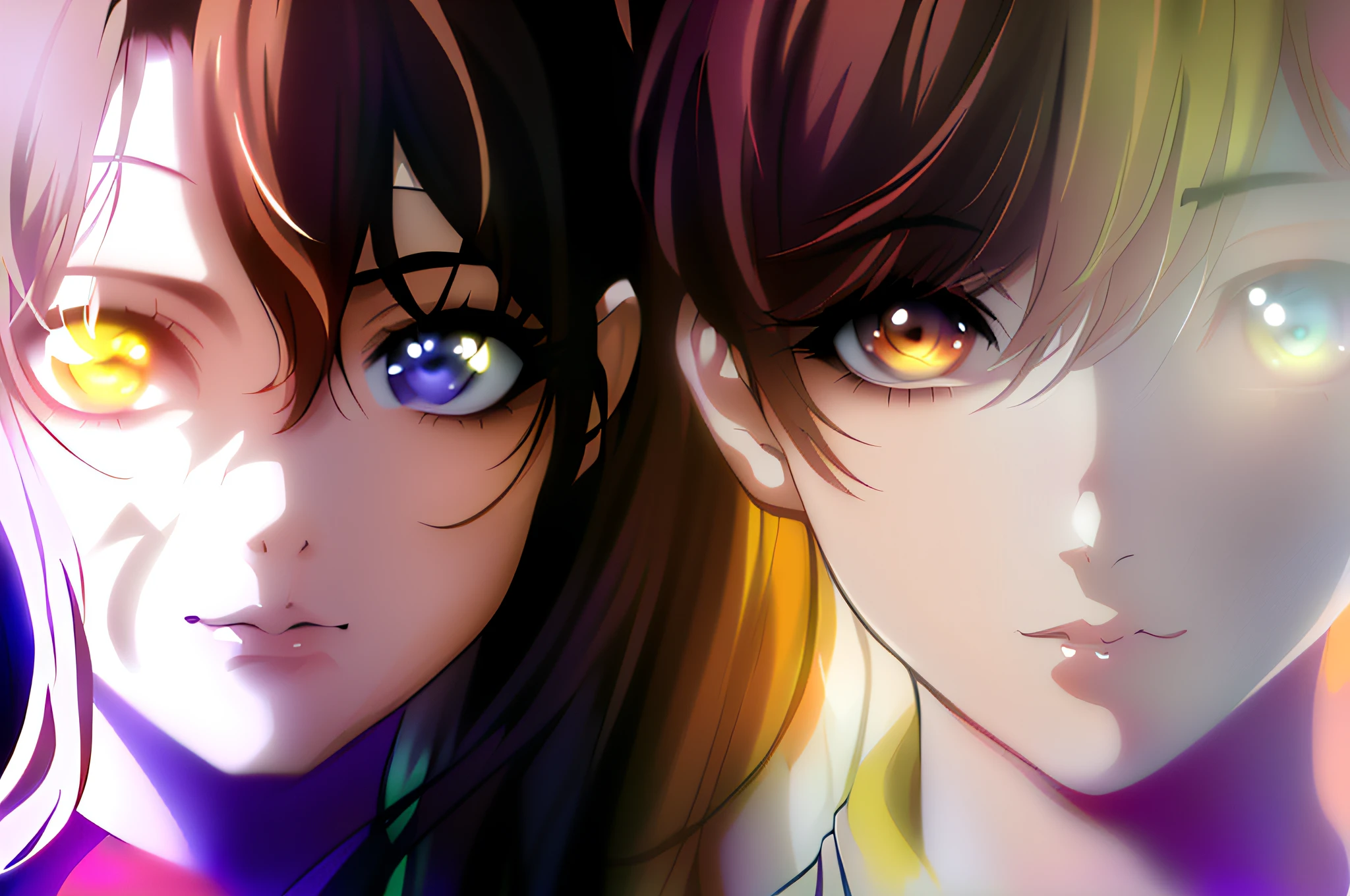 Anime characters with yellow eyes and long hair staring at the camera, two beautiful anime girls, style of anime4 K, Digital anime art!!, anime styled digital art, anime style digital art, Digital anime art, Anime girls, Evangelion style eyes, realistic anime artstyle, anime digital art, Anime eyes, Anime style. 8K, ultra hd anime wallpaper