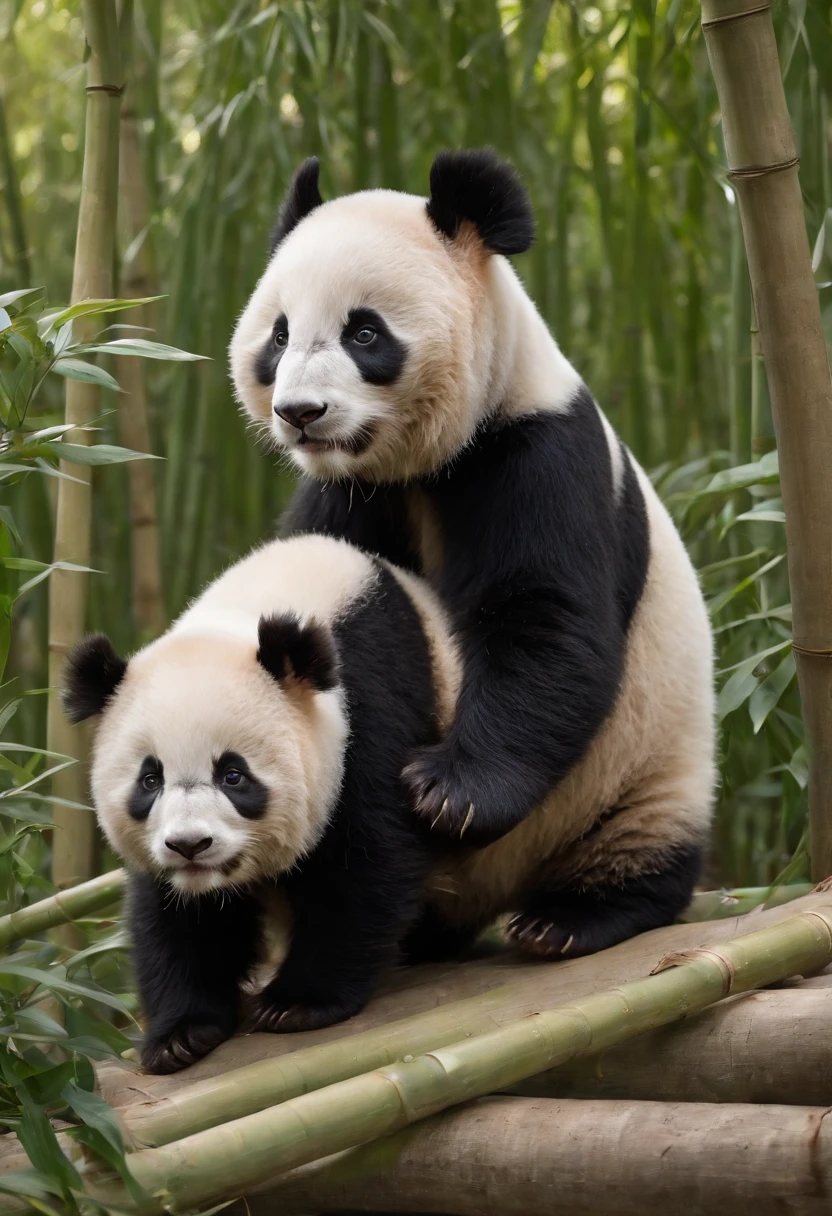 4KTwo cute furry panda cubs in realistic rolls in sunny bamboo glades, Warm light passes through the leaves. Detailed fur texture, Quiet natural mood, Gentle lighting. ●AR4:5 - s 400 - 虹5