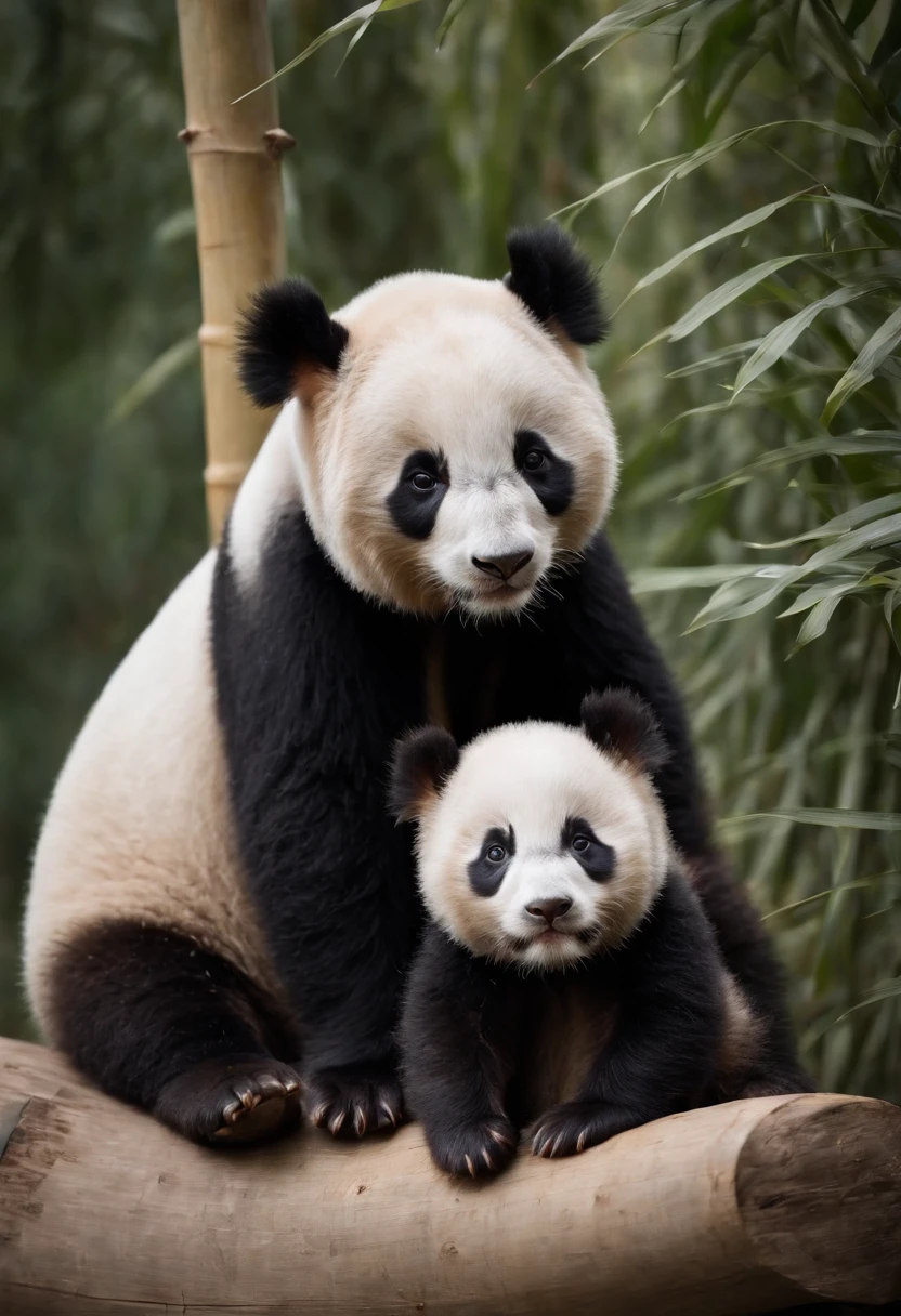 ４ＫTwo cute furry panda cubs in realistic rolls in sunny bamboo glades, Warm light passes through the leaves. Detailed fur texture, Quiet natural mood, Gentle lighting. ●AR4:5 - s 400 - 虹5