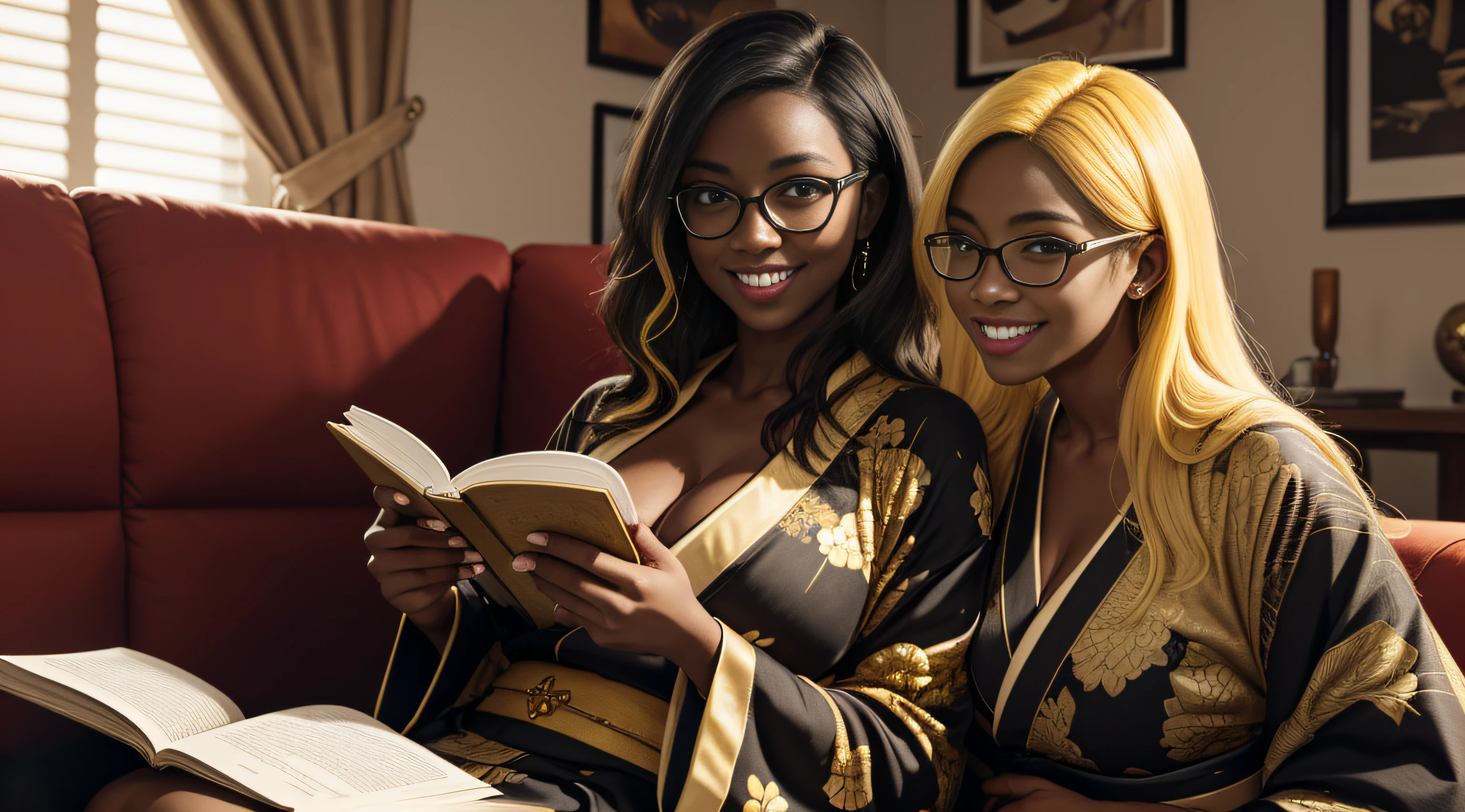 very huge breasts, dark skin, yellow hair, black power hair, Happy smile, realistic and detailed hands, realistic and detailed face, realistic and detailed tooth, realistic and detailed foots, realistic and detailed face, full body image, normal glasses, living room, sitting on sofa, black and gold kimono, reading a book.