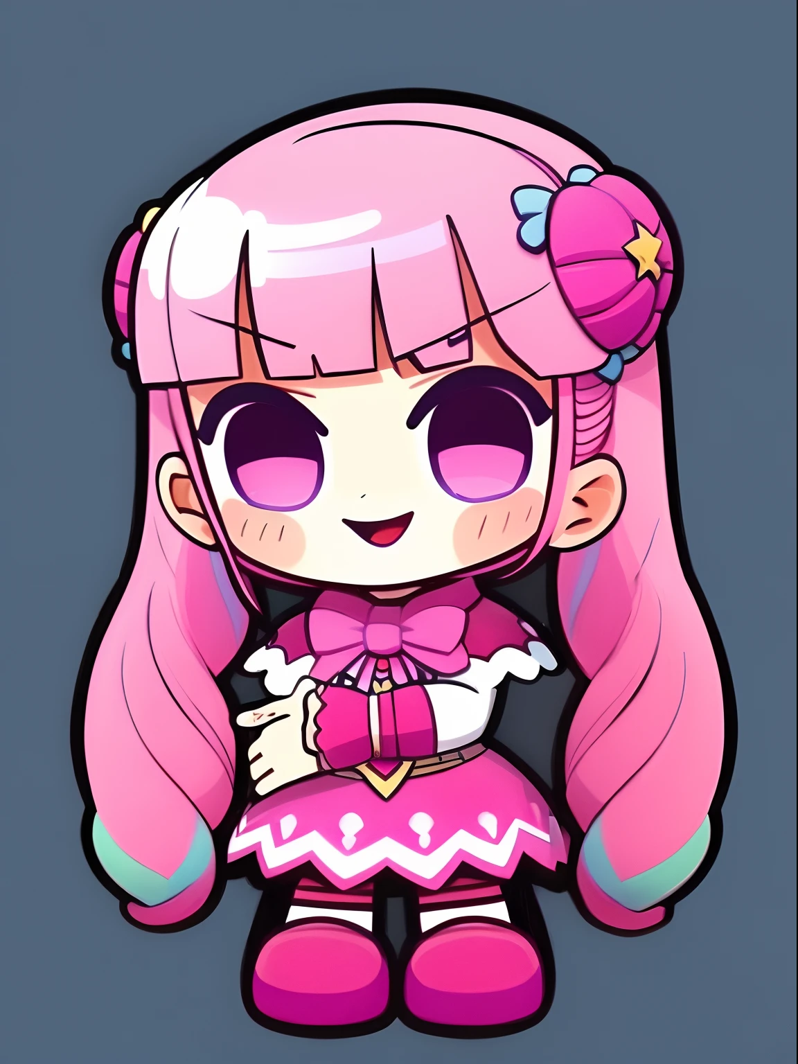 masterpiece, best quality, official art, ultra detailed, chibi, 1girl, Perona, pink hair, multicolored hair, long hair, solo, dress, smile, closed mouth, full body, white background,