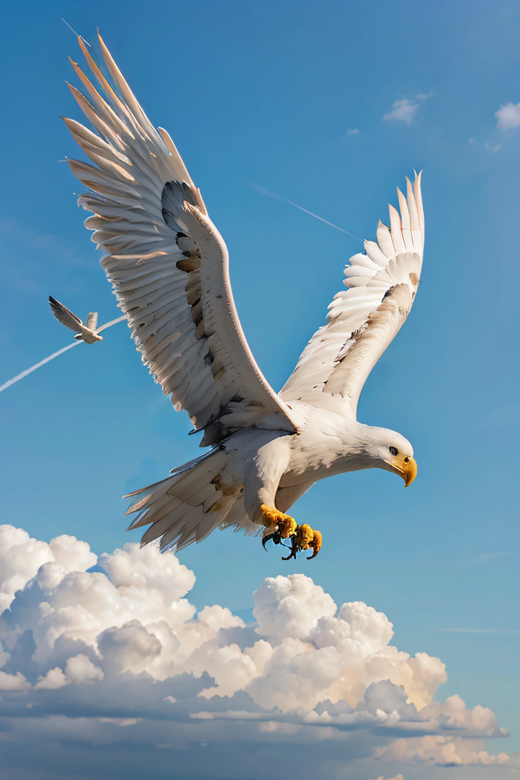 A WHITE EAGLE WITH OUTSTRETCHED WINGS IN THE SKY