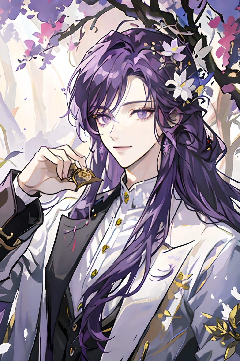 masterpiece: 1.2, best quality)), 1 man, long purple hair, purple eyes (handsome: 1.4), white suit, fantasy, uniform, royalty, forest, blooming flowers, sunlight, fantastic light and shadow, landscape , extremely detailed face, portrait, smile, red earrings, magician, archmage, mature man