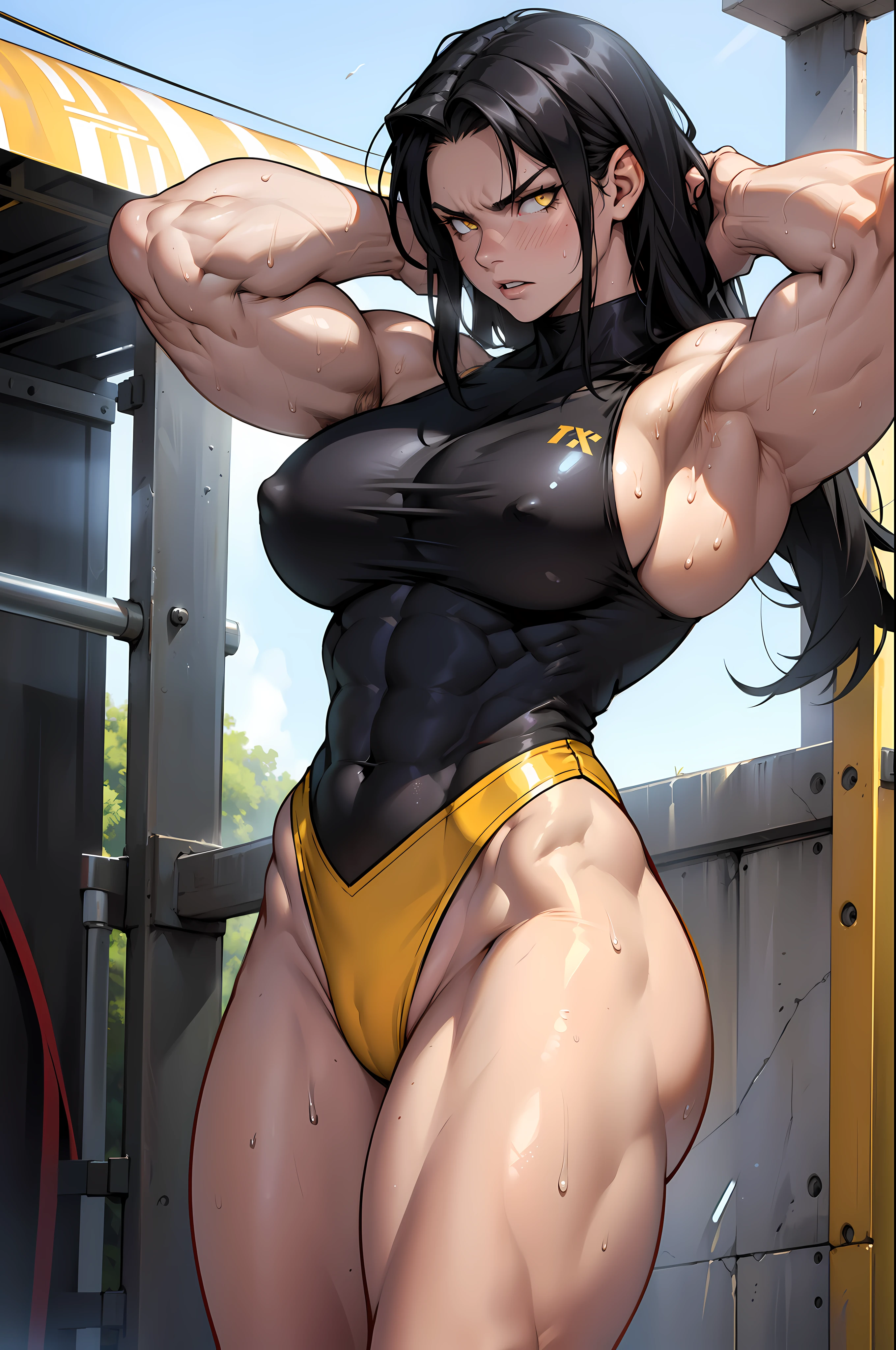 black hair, yellow eyes, solo, sweaty, shiny skin, angry, pale skin, ((((((muscular, 1girl)))))), curvy, thin waist, very long hair, sweaty, perky breasts, leotard, armpits