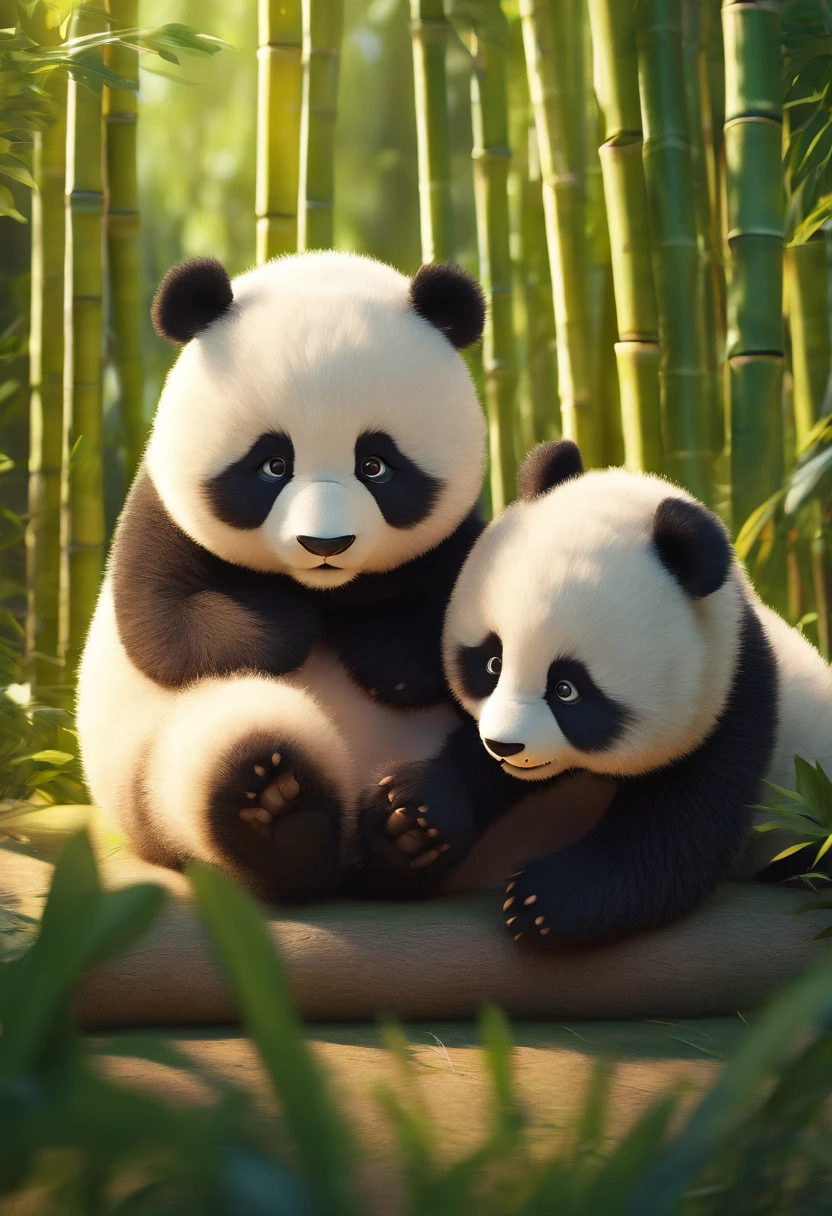 4KTwo cute furry panda cubs in realistic rolls in sunny bamboo glade, Warm light passes through the leaves. Detailed fur texture, Quiet natural mood, Gentle lighting. ●AR4:5 - s 400 - 虹5