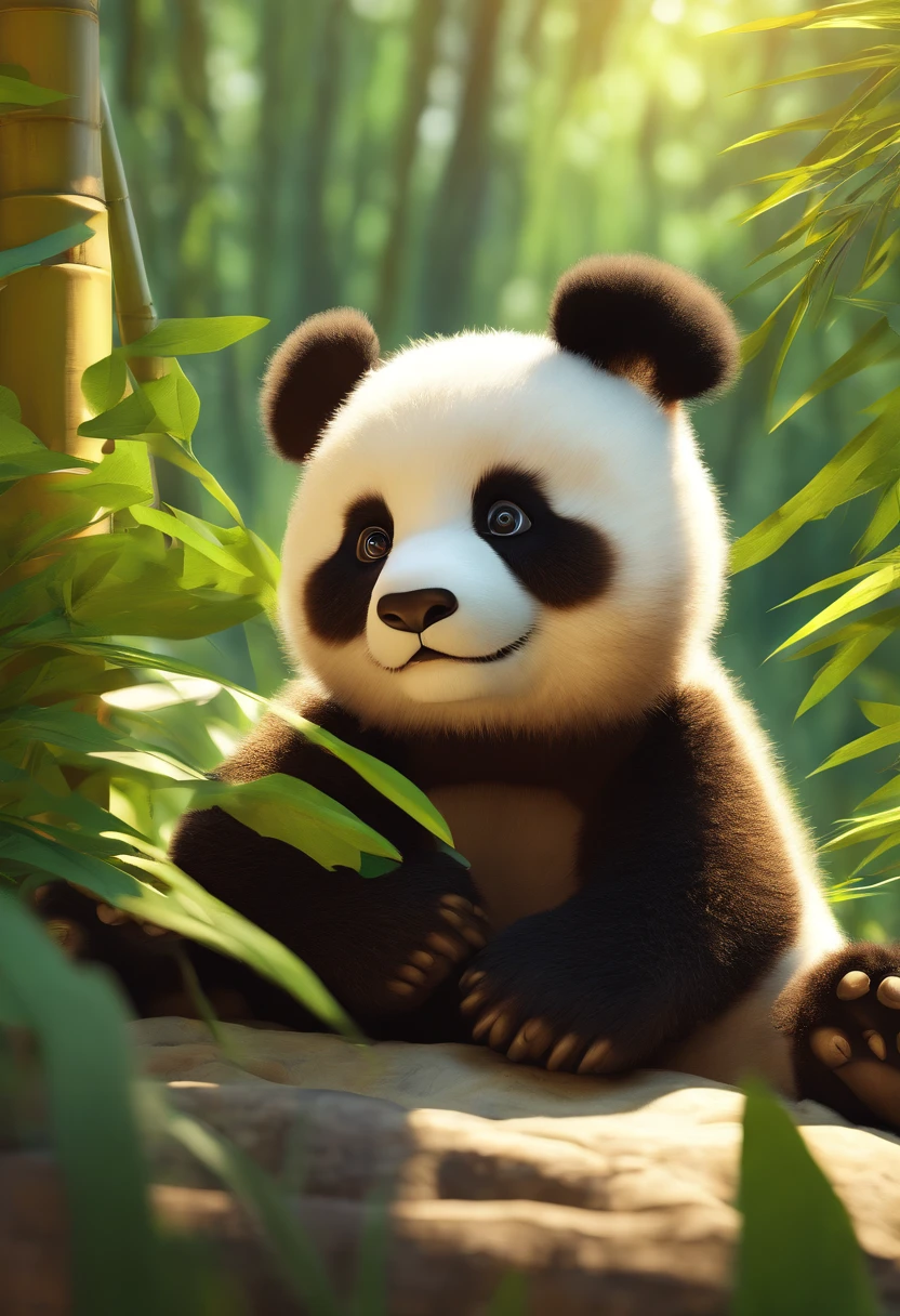 4KTwo cute furry panda cubs in realistic rolls in sunny bamboo glade, Warm light passes through the leaves. Detailed fur texture, Quiet natural mood, Gentle lighting. ●AR4:5 - s 400 - 虹5