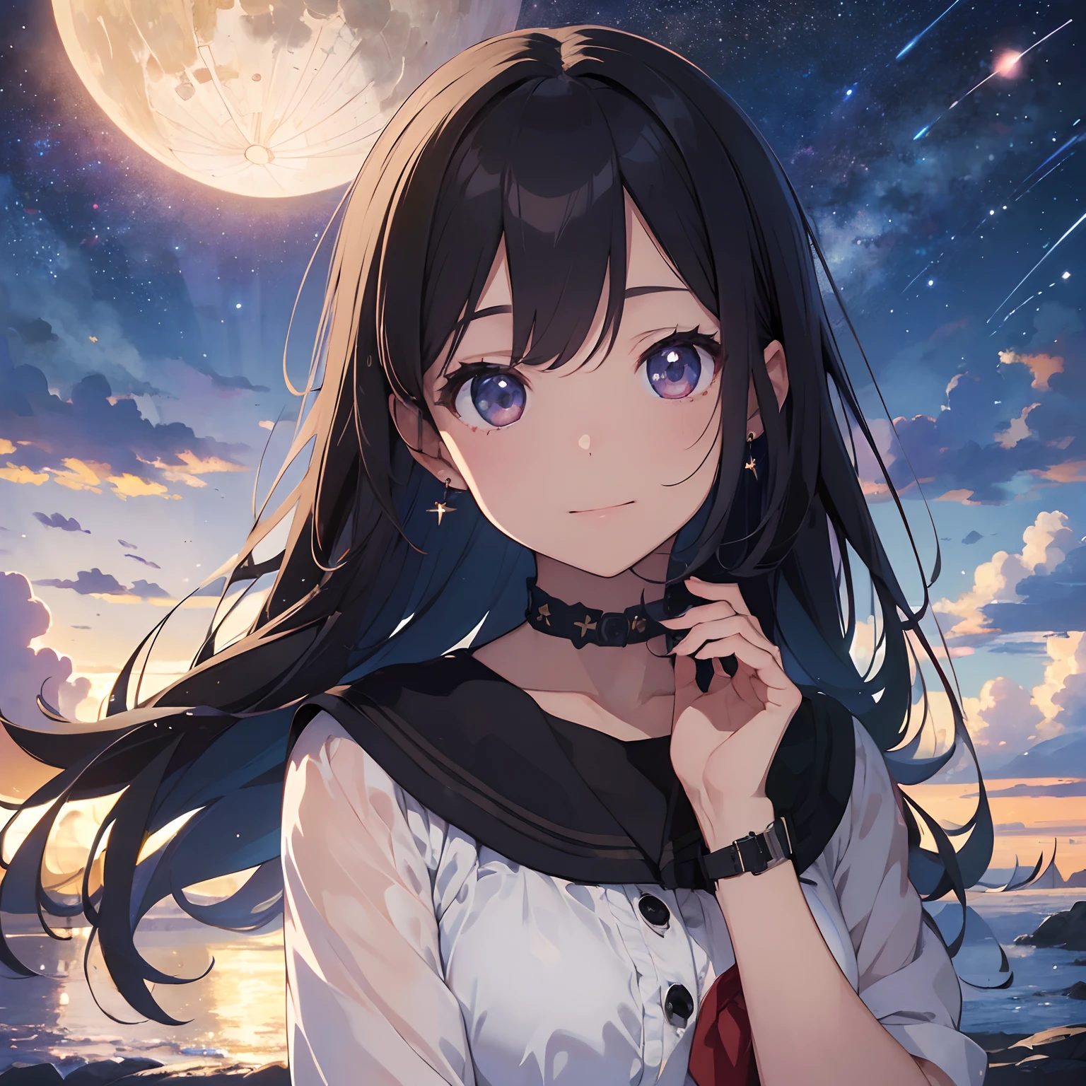 ((masterpiece), (best quality, top quality), 8k, ROW photo, extremely detailed, absurdres, (beautiful and aesthetic:1.2), professional illustration), anime,
1girl looks at starry sky, black hair, star shape earrings, moon, galaxy, light smile, a lot of meteor shower