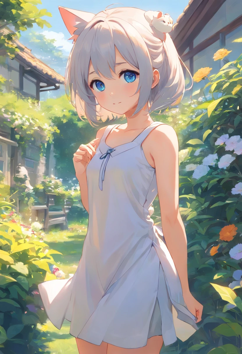 Cat-eared girl in white dress standing in garden, BREAK,silber hair,blue eyes,(((Sleeveless))),Hang the laundry to dry,Holding a laundry basket with clothes,loli in dress, small curvy loli, artwork in the style of guweiz, guweiz on pixiv artstation, guweiz on artstation pixiv, guweiz, small loli girl, soft anime illustration, Anime visuals of cute girls, Detailed Digital Anime Art