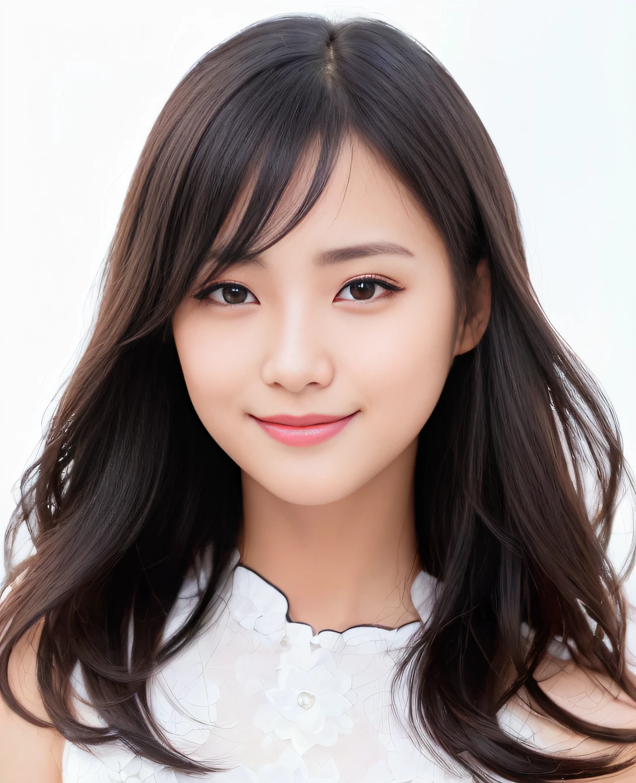 (top-quality、hight resolution、1girl in、The upper part of the body、whole head、Face front、Natural smile、lighting on the face、Face Shading、short-cut）Raw photo、Shiny hair、elegent、shinny skin、Black eye、A detailed eye、japanes、Bright photo、portlate、simple background、Background bokeh
