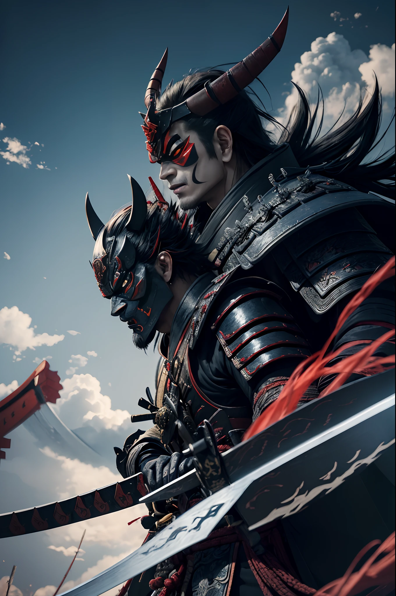 (demon samurai)、(Wearing a Demon Mask)、独奏、Like the whole body、(Armed with a long and large Japan sword)、magnificent artwork、((Kyoto panel painting style))、Wind-effect:1.9、Cloud Effects:1.2、Blue and black armor,Full Rendering、Encaustic Painting、unrealengine、front facing