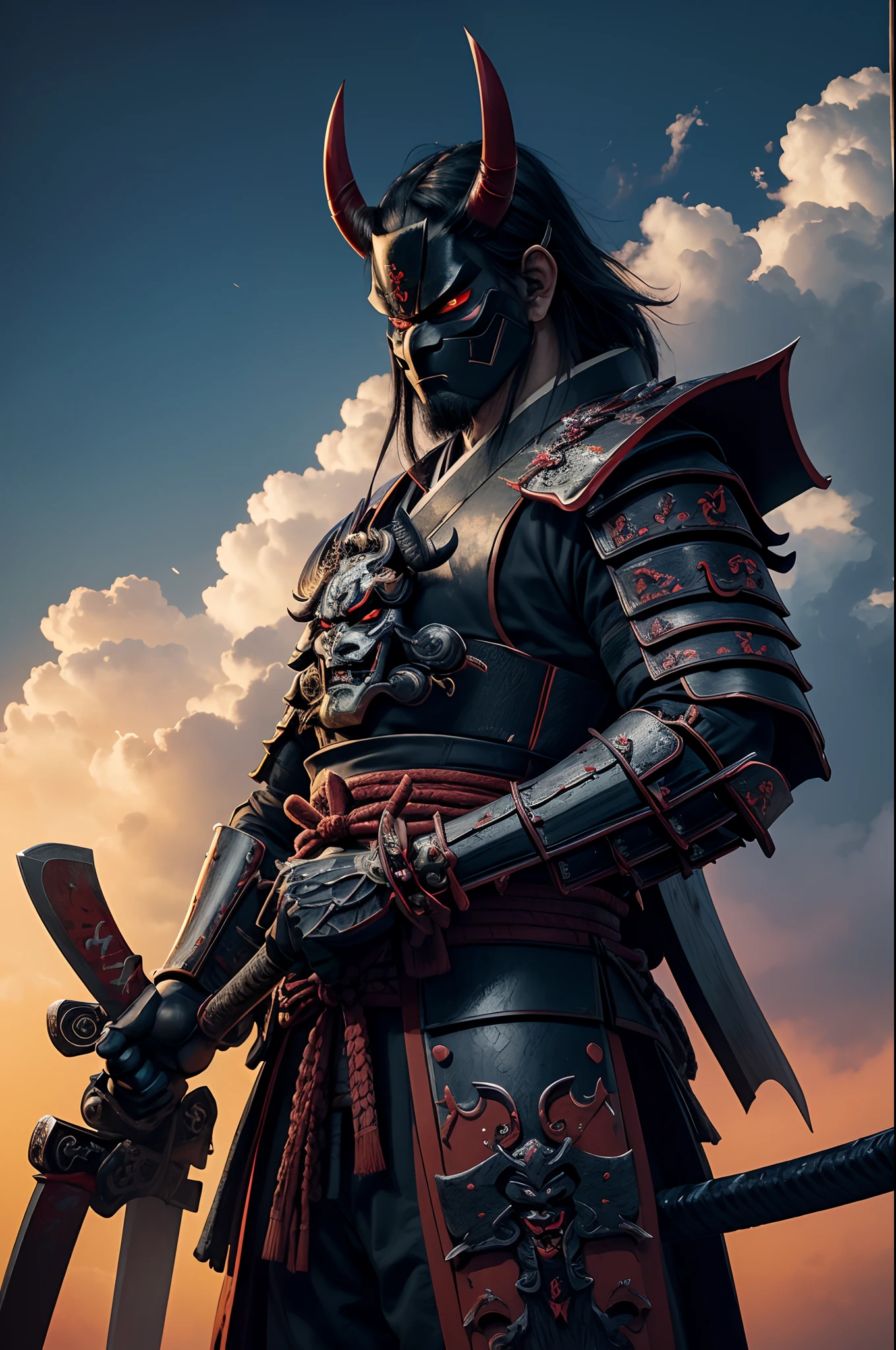 (demon samurai)、(Wearing a Demon Mask)、独奏、Like the whole body、(Armed with a long and large Japan sword)、magnificent artwork、((Kyoto panel painting style))、Wind-effect:1.9、Cloud Effects:1.2、Blue and black armor,Full Rendering、Encaustic Painting、unrealengine、front facing