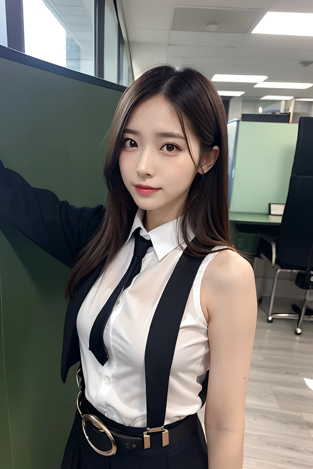 (masutepiece:1.2),High quality,vivd colour,flat-colors,Deep Depth Of Field,Lens Flare,1 girl,Black hair,eyecontact,Suit,Collared shirt,Belt bag,suspenders,Professional,Office Lady,Mature Women,Black mini skirt　garterbelts　knee high　Stockings　Black Niso　Colorcon armpit sweat　perspiring　Side of both hands,Black jacket,Gaze,ample bosom,Armpit sweat,Exposing the armpits"Pichi Pichi clothes