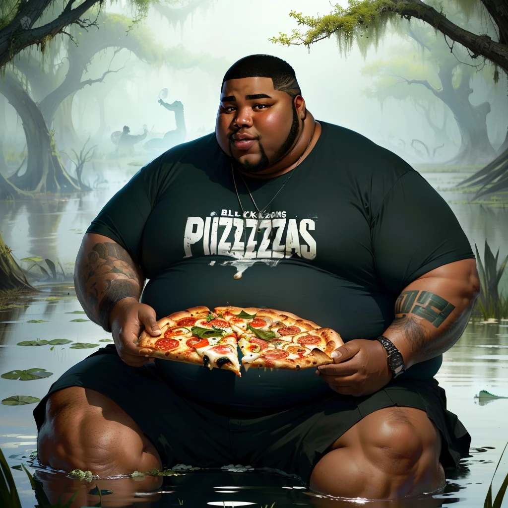 Fat black man eating pizza with alligators in a swamp