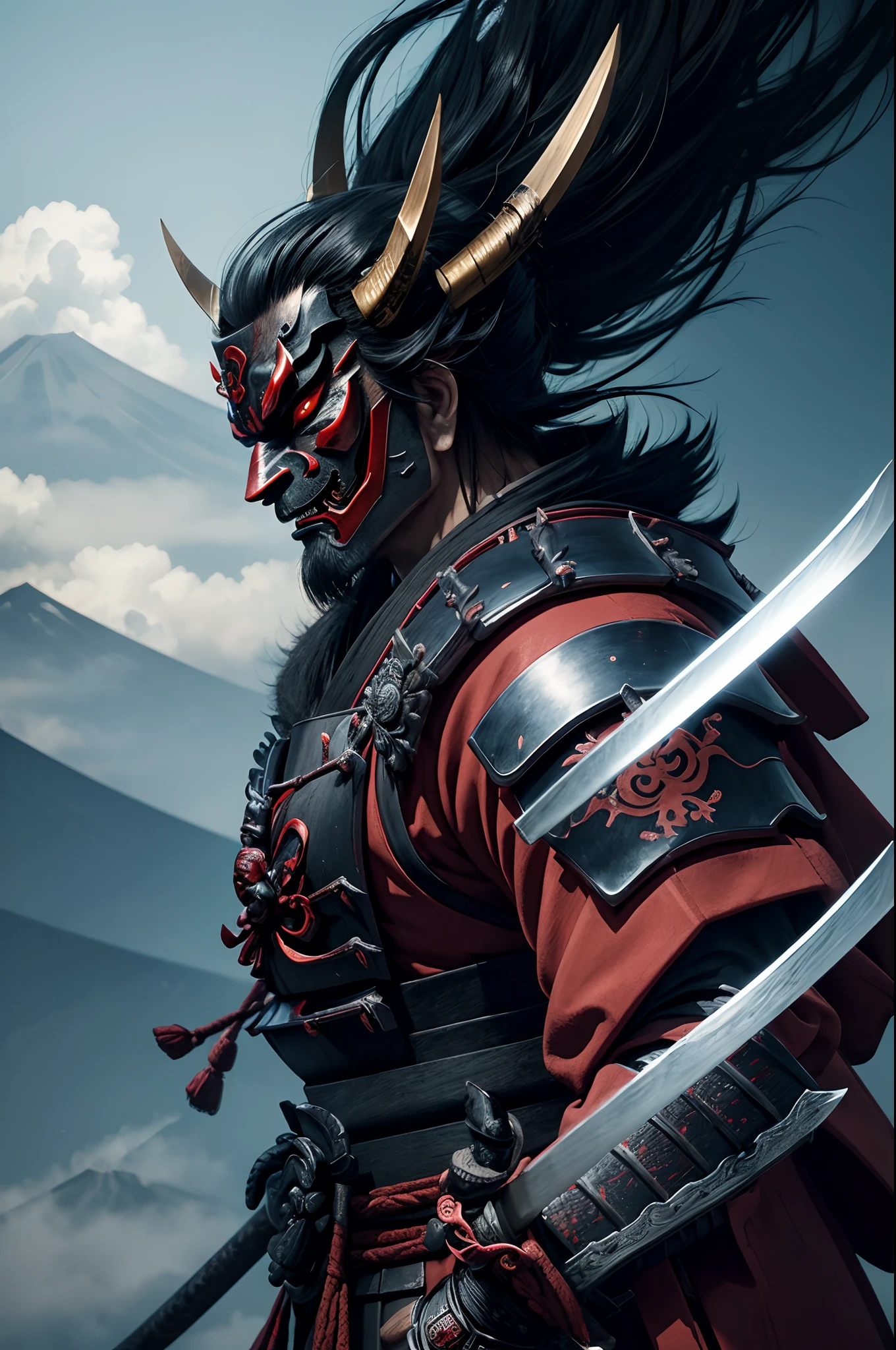 (demon samurai)、(Wearing a demon mask)、独奏、Like the whole body、(Armed with a long sharp knife)、magnificent artwork、((Kyoto Panel Painting Style))、Wind-effect:1.9、Cloud Effects:1.2、Full Rendering、Encaustic Painting,unrealengine,facing front