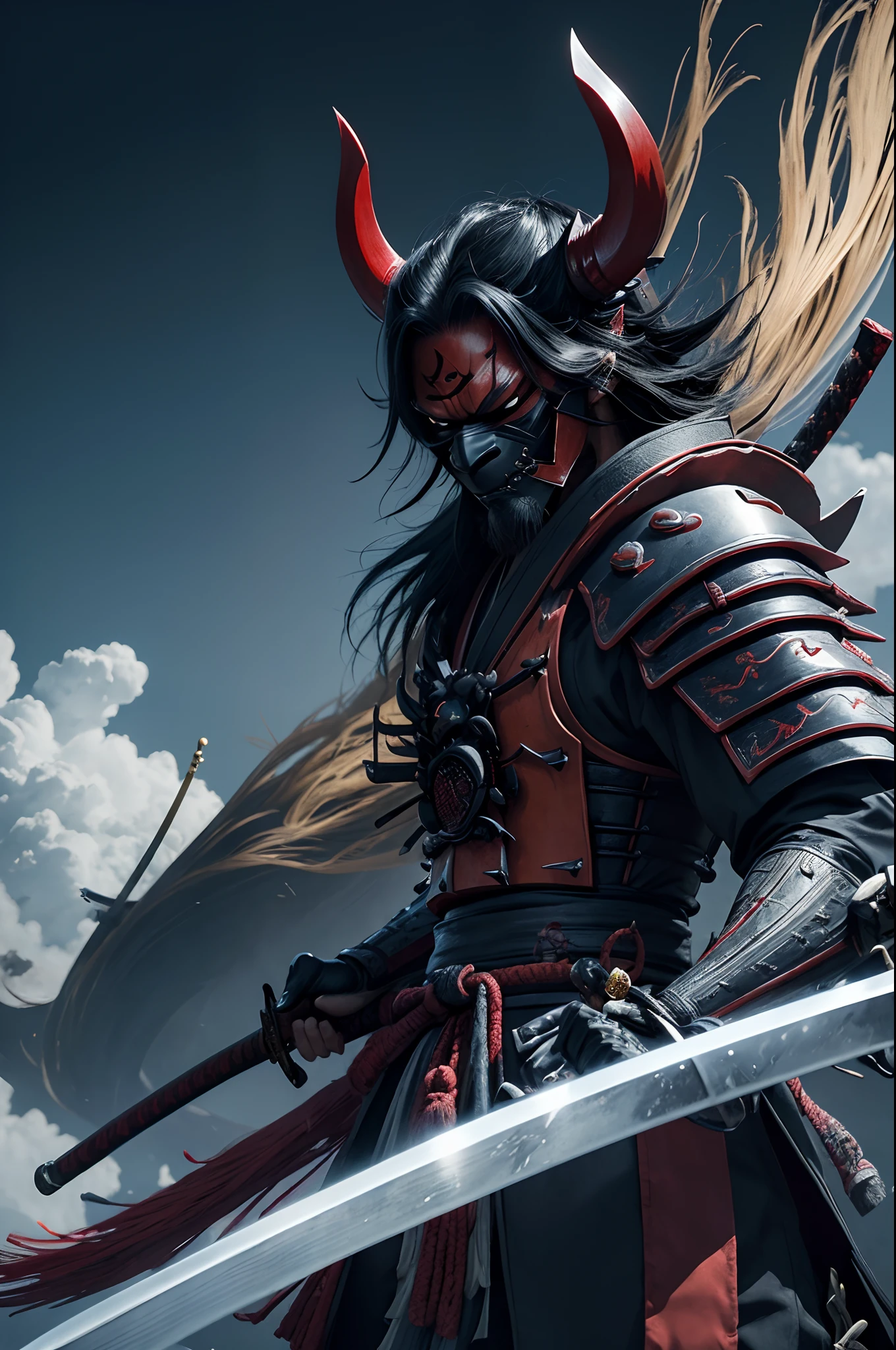 (demon samurai)、(Wearing a Demon Mask)、独奏、Like the whole body、(Armed with a long and large Japan sword)、magnificent artwork、((Kyoto panel painting style))、Wind-effect:1.9、Cloud Effects:1.2、Blue and black armor、Full Rendering、Encaustic Painting、unrealengine、front facing