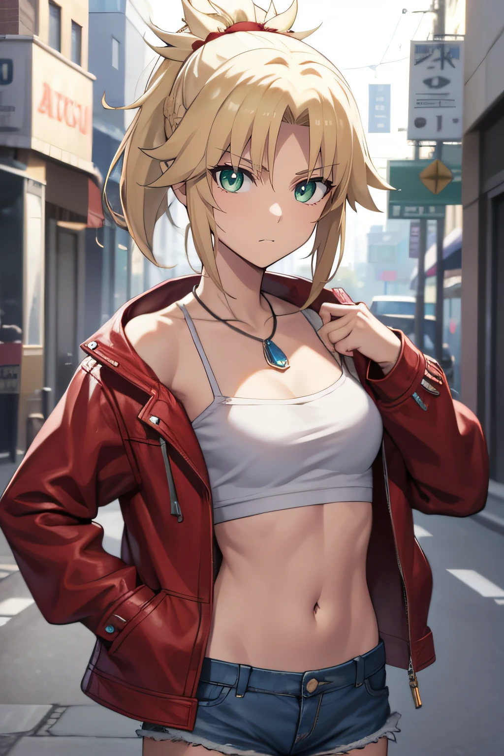 fgomordred, modred, (green eyes:1.5), blonde hair, ponytail, short hair, scrunchie, red scrunchie, hair scrunchie, (small breast:1.2),
BREAK blonde hair, denim, denim shorts, jacket, jewelry, midriff, navel, necklace, red jacket, short shorts, shorts, tube top, white top,
BREAK looking at viewer,
BREAK outdoors,
BREAK (masterpiece:1.2), best quality, high resolution, unity 8k wallpaper, (illustration:0.8), (beautiful detailed eyes:1.6), extremely detailed face, perfect lighting, extremely detailed CG, (perfect hands, perfect anatomy),