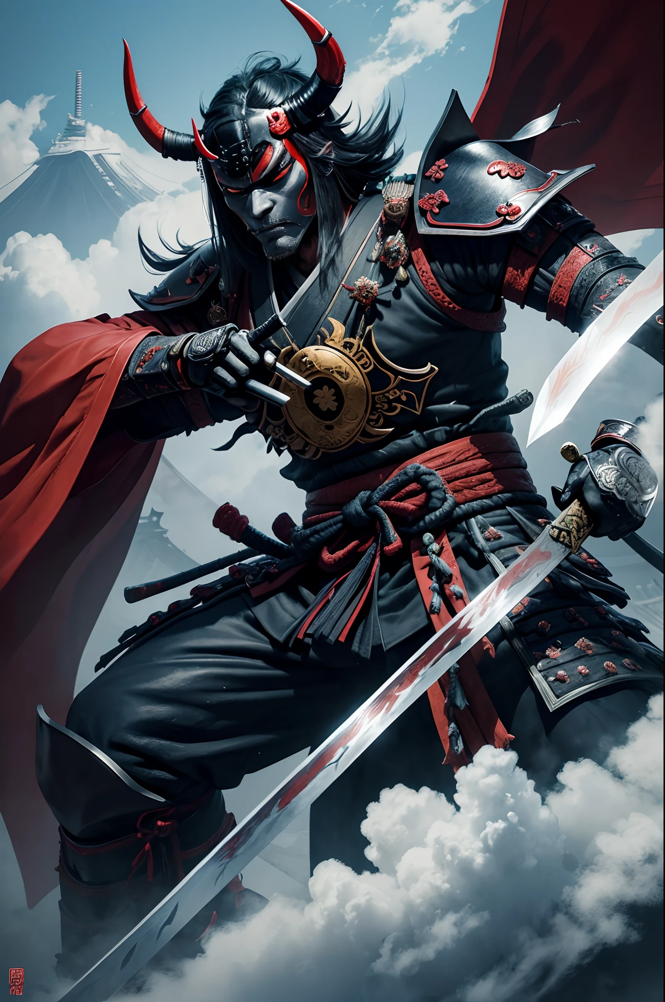 (demon samurai)、(Wearing a Demon Mask)、独奏、Like the whole body、(Armed with a long and large Japan sword)、magnificent artwork、((Kyoto panel painting style))、Wind-effect:1.9、Cloud Effects:1.2、Blue and black armor、Full Rendering、Encaustic Painting、unrealengine、front facing