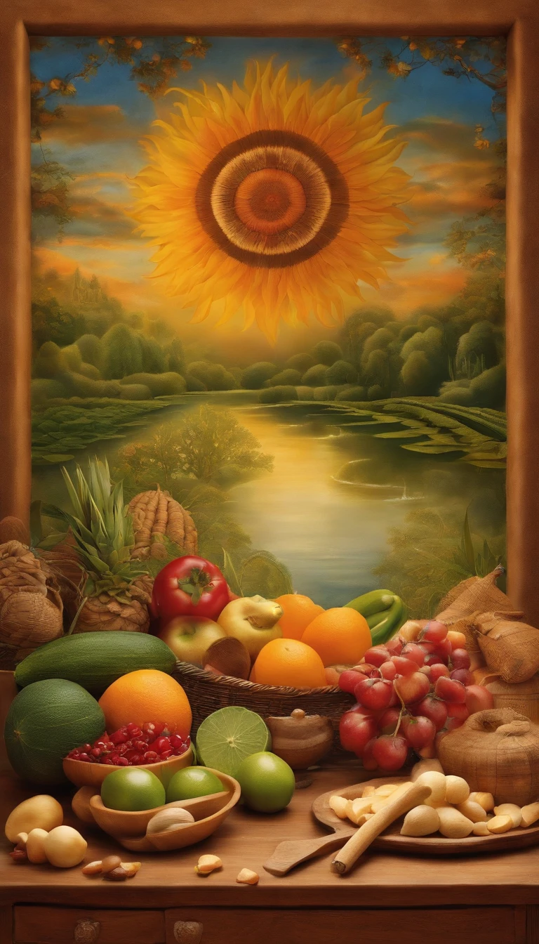 Imagine a picturesque scene of a modern kitchen; brightly lit, filled with fresh fruits, vegetables and whole grains. Combine it with depictions of the sun, representing the Agni or digestive fire from Ayurvedic principles. Intertwine it subtly with elements of spirituality like a small meditation space with yoga mats, incense, and tranquility. The person in the kitchen is preparing meals mindfully, paying attention to colors, textures, and scents. Also, illustrate a small pile of Ayurvedic texts/books indicating incorporation of Ayurvedic principles. Finally, add an overlay or border framing the image with traditional Ayurvedic symbols or Sanskrit mantras.