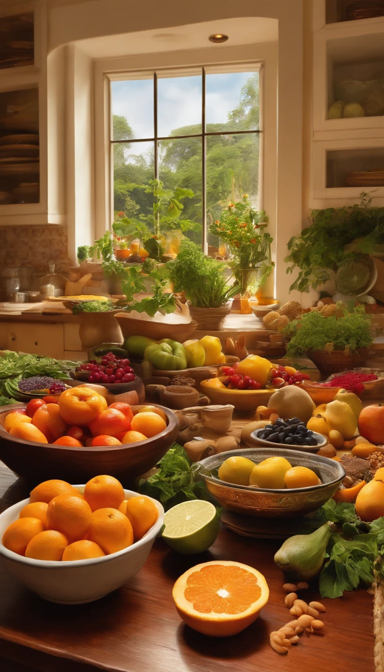 Imagine a picturesque scene of a modern kitchen; brightly lit, filled with fresh fruits, vegetables and whole grains. Combine it with depictions of the sun, representing the Agni or digestive fire from Ayurvedic principles. Intertwine it subtly with elements of spirituality like a small meditation space with yoga mats, incense, and tranquility. The person in the kitchen is preparing meals mindfully, paying attention to colors, textures, and scents. Also, illustrate a small pile of Ayurvedic texts/books indicating incorporation of Ayurvedic principles. Finally, add an overlay or border framing the image with traditional Ayurvedic symbols or Sanskrit mantras.