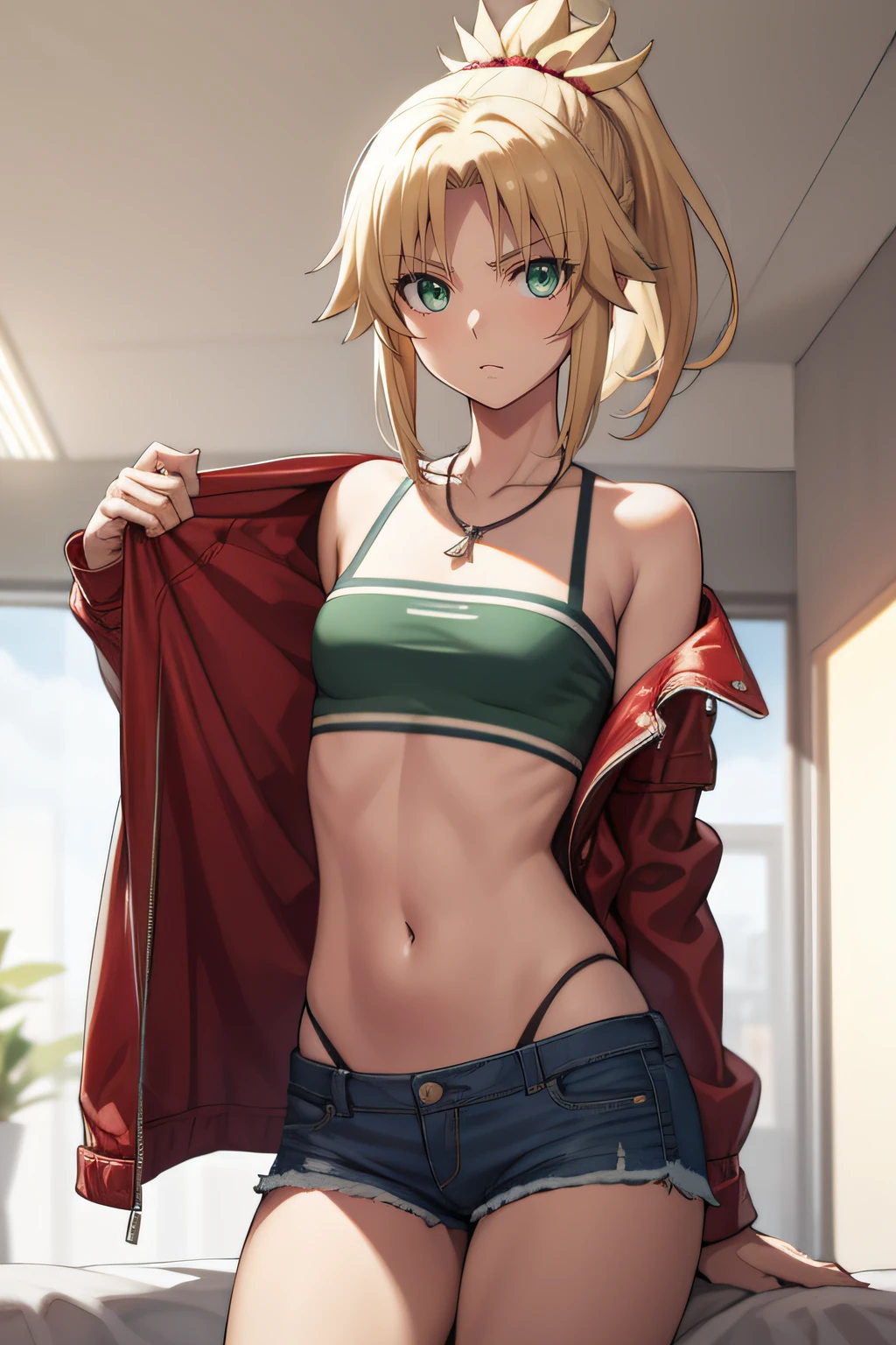 fgomordred, modred, (green eyes:1.5), blonde hair, ponytail, short hair, scrunchie, red scrunchie, hair scrunchie, (small breast:1.2), BREAK blonde hair, denim, denim shorts, jacket, jewelry, midriff, navel, necklace, red jacket, short shorts, shorts, tube top, white top, BREAK looking at viewer, BREAK outdoors, BREAK (masterpiece:1.2), best quality, high resolution, unity 8k wallpaper, (illustration:0.8), (beautiful detailed eyes:1.6), extremely detailed face, perfect lighting, extremely detailed CG, (perfect hands, perfect anatomy), house, bed