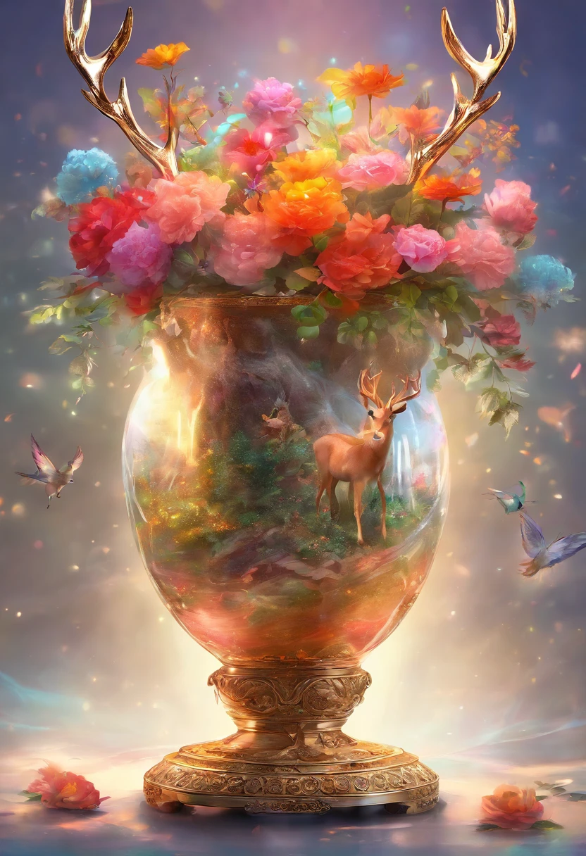 Big glass vase with tiny deer jumping, deer's furr made of colorful petals, intricately detailed, light-reflections, bright lighting, volumetric lighting, greyish background, sharp focus, Award-winning photo