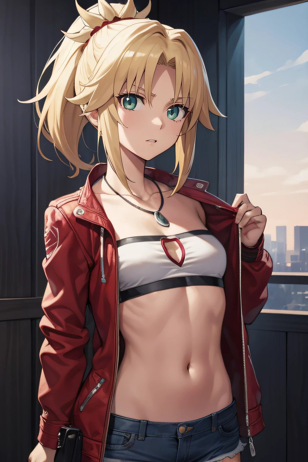 fgomordred, modred, (green eyes:1.5), blonde hair, ponytail, short hair, scrunchie, red scrunchie, hair scrunchie, (small breast:1.2), BREAK blonde hair, denim, denim shorts, jacket, jewelry, midriff, navel, necklace, red jacket, short shorts, shorts, tube top, white top, BREAK looking at viewer, BREAK outdoors, BREAK (masterpiece:1.2), best quality, high resolution, unity 8k wallpaper, (illustration:0.8), (beautiful detailed eyes:1.6), extremely detailed face, perfect lighting, extremely detailed CG, (perfect hands, perfect anatomy), house, bed