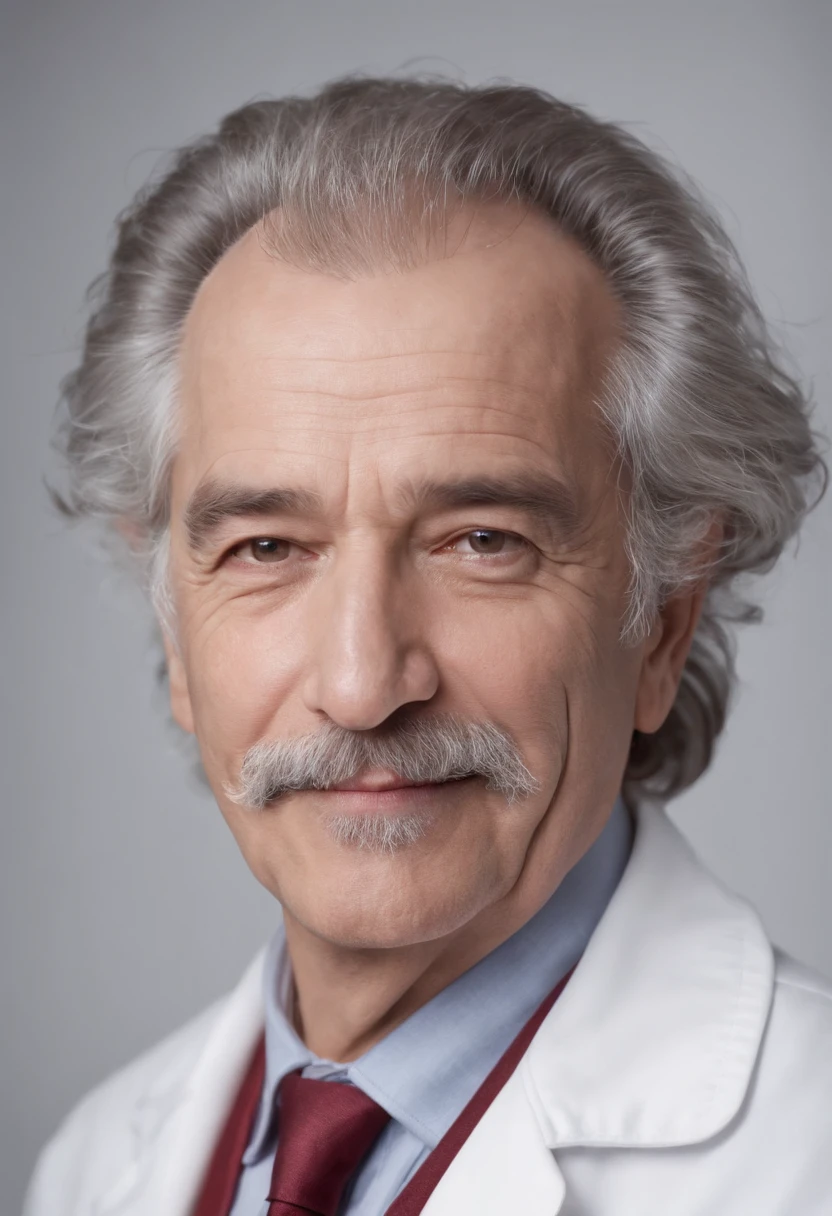((1man, gray hair, ((realistic)), ((photorealistic)),((high-res, masterpiece, best quality, cinema lighting)), masterpiece, best quality:1.2), upper body, solo, (masterpiece:1.4),(best quality:1.4),(absurdres:1.4),((masterpiece:1.2, best quality:1.2, best details:1.2, 4k)), a portrait of Dr. Wily, older man, big bushy moustache, red tie, lab coat, scientist smile, balding from top, hair like Albert einstein, evil smile