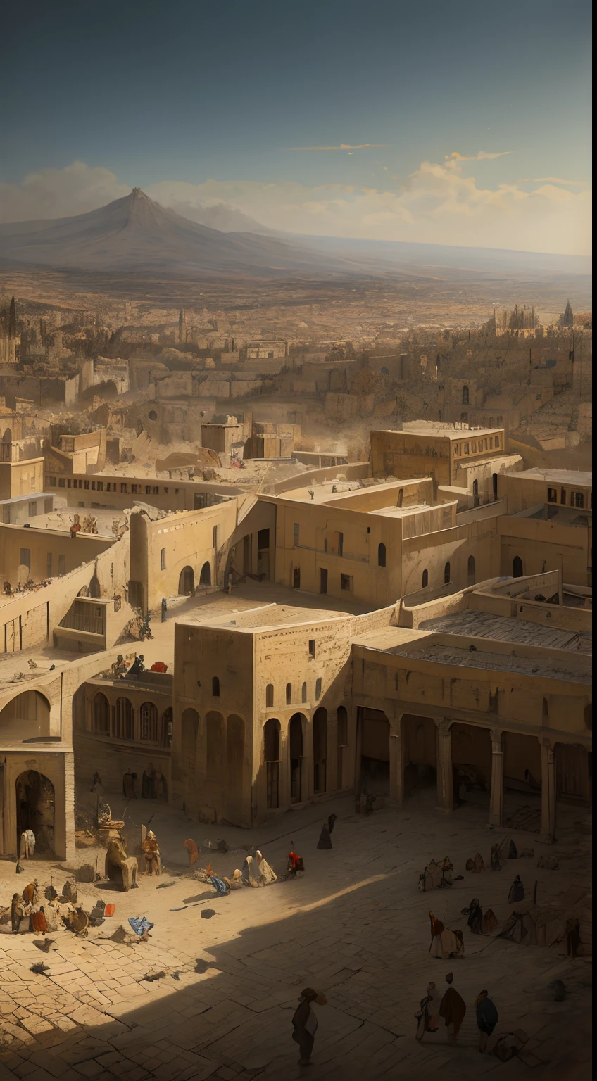 Illustration, biblical depiction, people rioting, Jerusalem, weathered city, humble clothing, intricate, beautiful, elegant, majestic, 8k uhd, hyper detailed, high quality, best quality, art by Jacob van Ruisdael and Rembrandt
