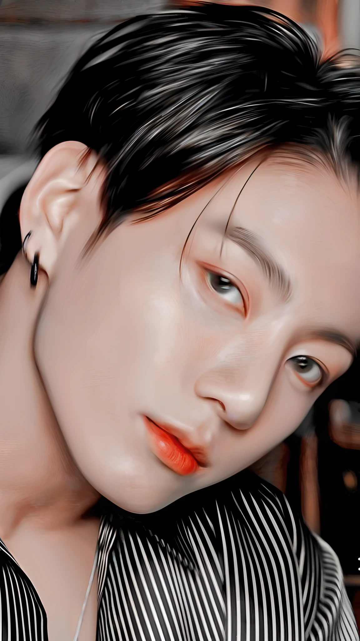 a close up of a person with a black and white shirt and red lipstick, jungkook, [ digital art ]!!, digital art. @mariomaniacdude, ✏️🎨, photorealistic!!!!!!! art style, realism artstyle, inspired by Yanjun Cheng, cai xukun, digital art!!, vibrant fan art, park jimin, realistic artstyle