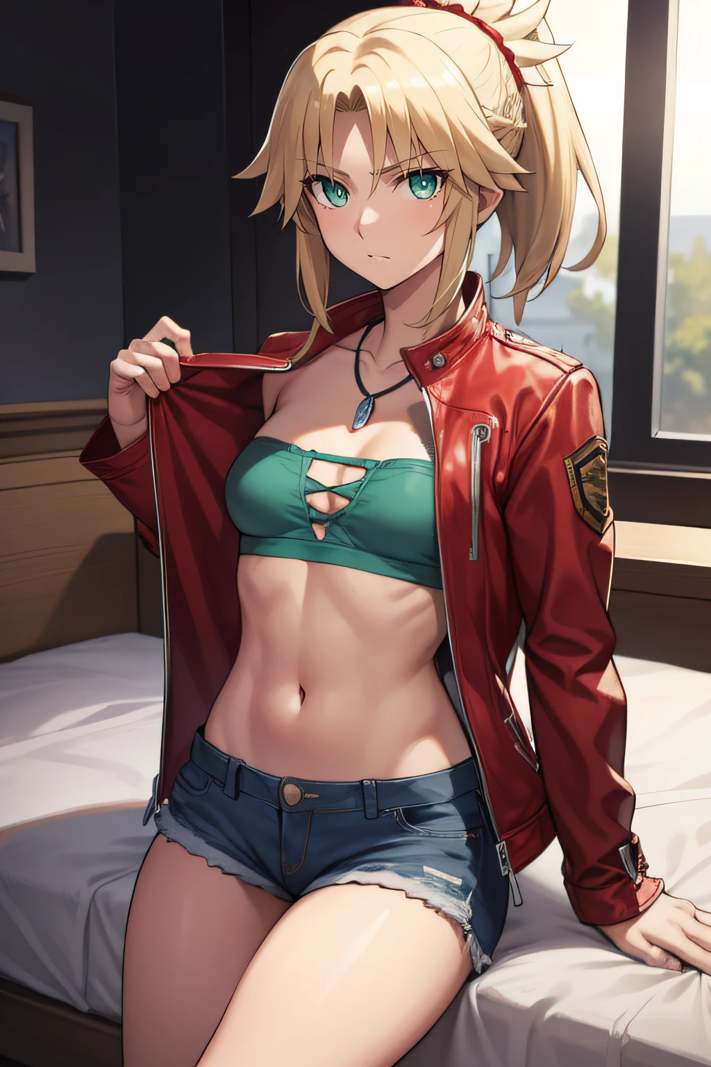 fgomordred, modred, (green eyes:1.5), blonde hair, ponytail, short hair, scrunchie, red scrunchie, hair scrunchie, (small breast:1.2), BREAK blonde hair, denim, denim shorts, jacket, jewelry, midriff, navel, necklace, red jacket, short shorts, shorts, tube top, white top, BREAK looking at viewer, BREAK outdoors, BREAK (masterpiece:1.2), best quality, high resolution, unity 8k wallpaper, (illustration:0.8), (beautiful detailed eyes:1.6), extremely detailed face, perfect lighting, extremely detailed CG, (perfect hands, perfect anatomy), house, bed