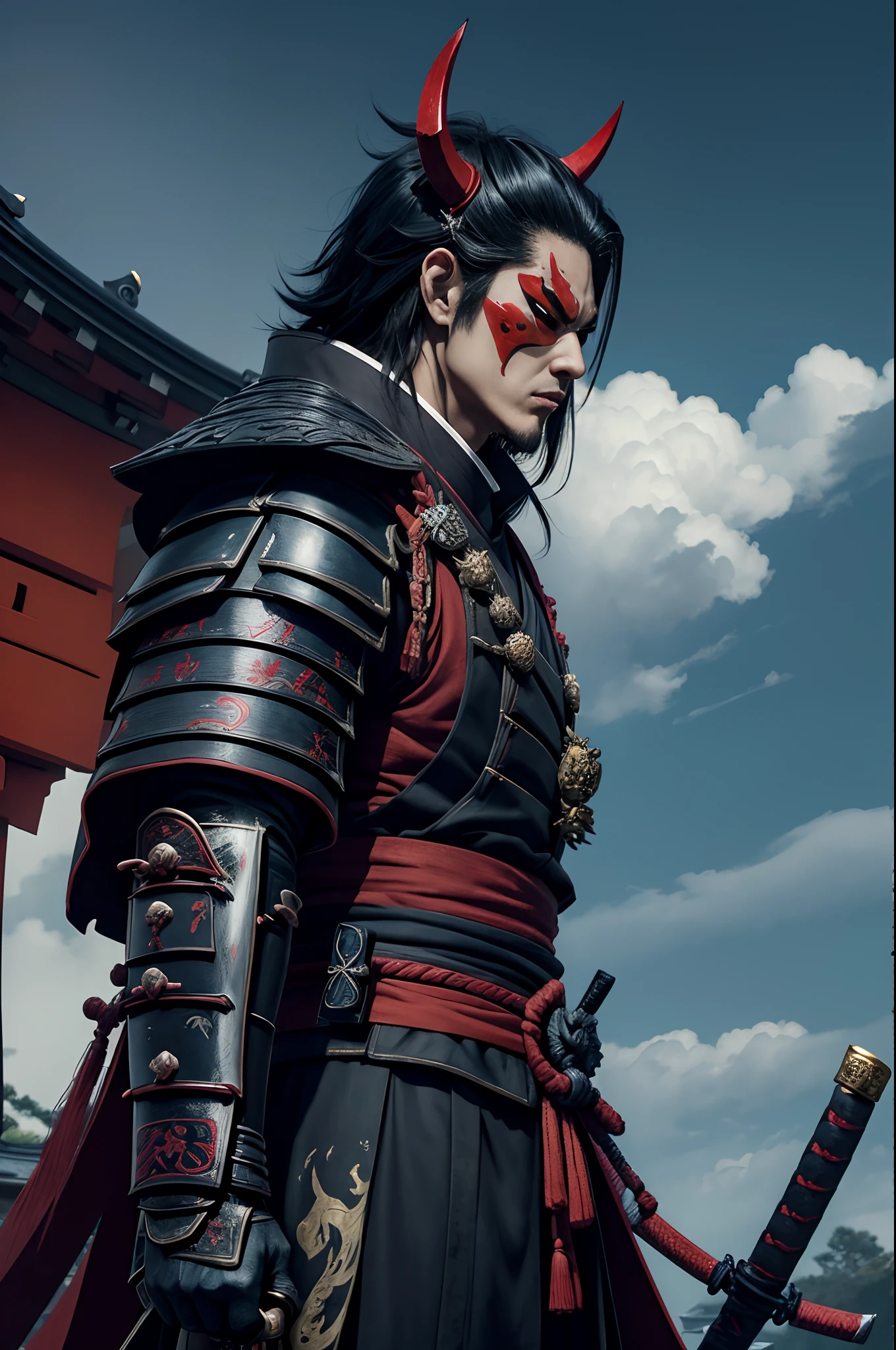 (demon samurai)、(Wearing a Demon Mask)、独奏、Like the whole body、(Armed with a long and large Japan sword)、facing front,magnificent artwork、((Kyoto panel painting style))、Wind-effect:1.9、Cloud Effects:1.2、Blue and black armor、Full Rendering、Encaustic Painting、unrealengine、