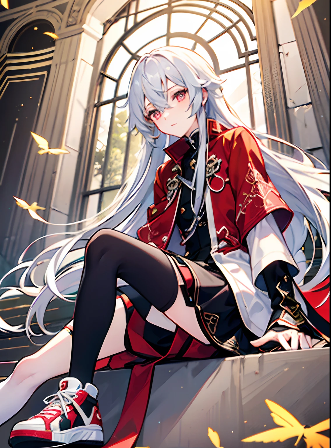 A cute long-haired boy who is difficult to distinguish between men and women,nobles,red color eyes,Gorgeous black and white clothes,over knee socks,White sneakers,sitting in the palace,Surrounded by flying points of light。4K,Smooth skin,Gorgeous background。