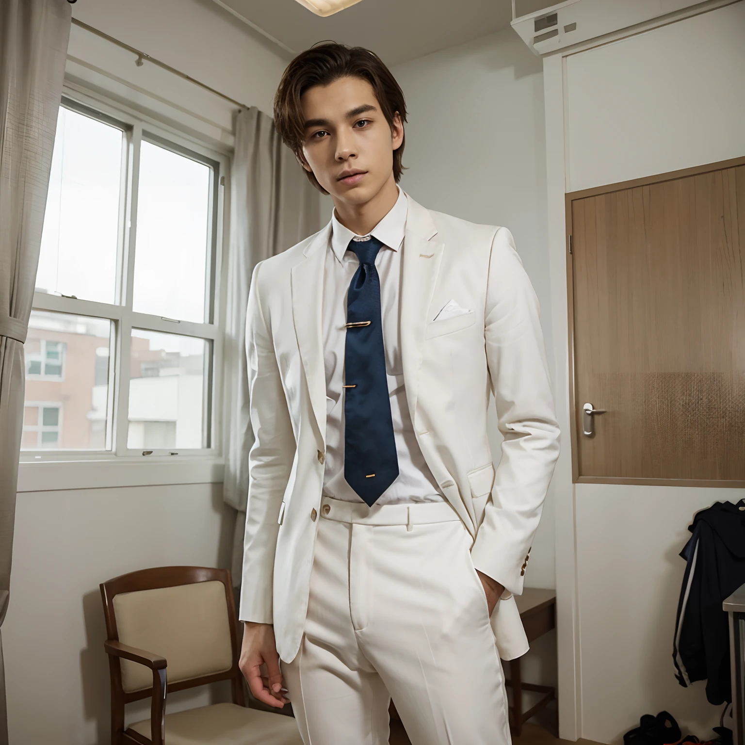 white suit、Strange thieves、High school students、167cm、Type B、gentleman、Slim Fit Pants、cinematic shot、finely detailed background、1 male