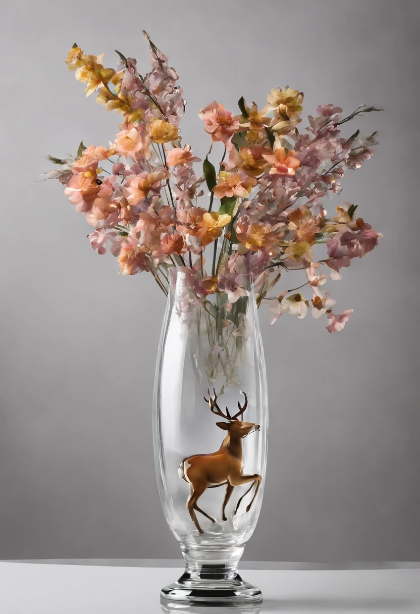 Large Glass Vase with Jumping Tiny Deer, Deerskin made of colorful petals, Aufwendig detailliert, Licht-Reflexionen, Helle Beleuchtung, Volumetrische Beleuchtung, greyish background, scharfer Fokus, award-winning photograph