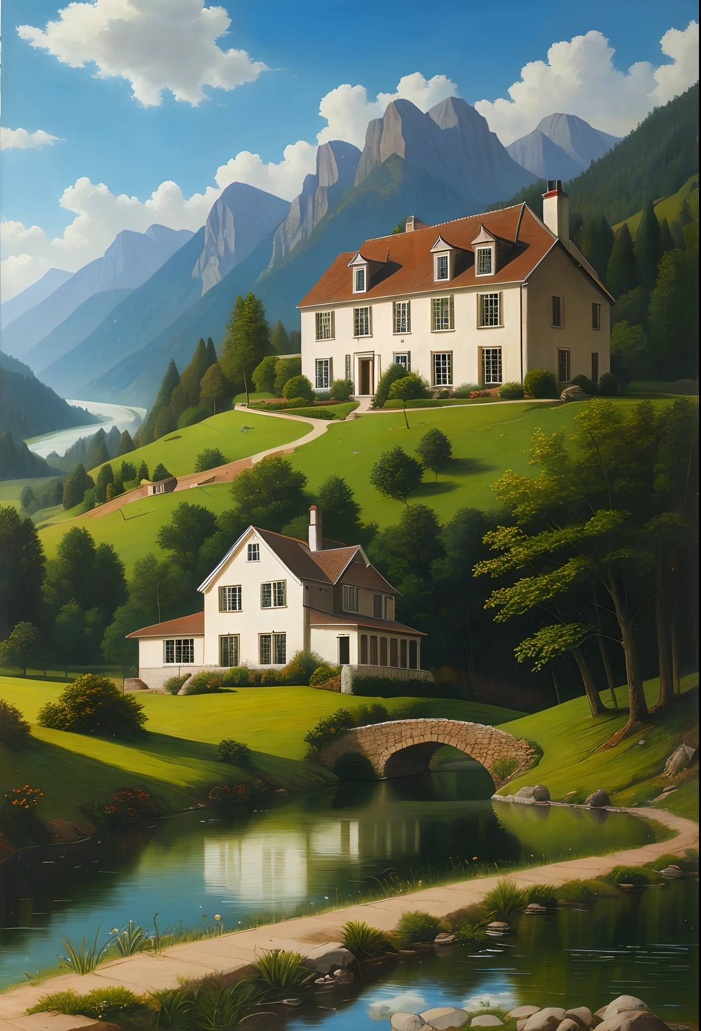 Country house in the middle of the mountains, river, Trees, classical art, oil painting