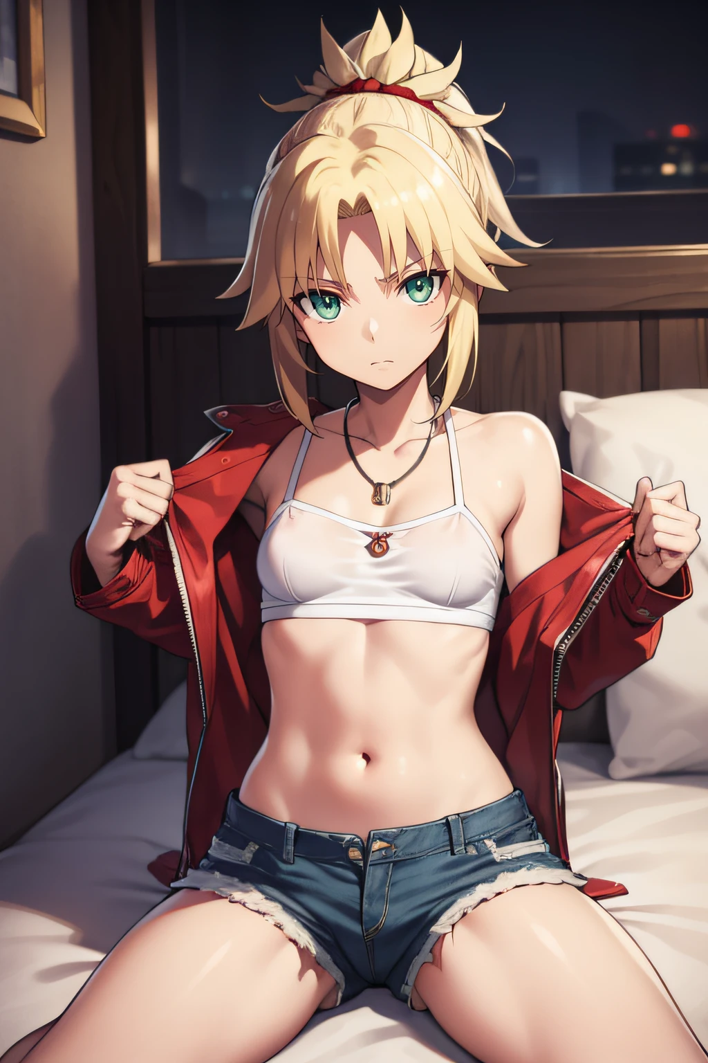 fgomordred, modred, (green eyes:1.5), blonde hair, ponytail, short hair, scrunchie, red scrunchie, hair scrunchie, (small breast:1.2), BREAK blonde hair, denim, denim shorts, jacket, jewelry, midriff, navel, necklace, red jacket, short shorts, shorts, tube top, white top, BREAK looking at viewer, BREAK outdoors, BREAK (masterpiece:1.2), best quality, high resolution, unity 8k wallpaper, (illustration:0.8), (beautiful detailed eyes:1.6), extremely detailed face, perfect lighting, extremely detailed CG, (perfect hands, perfect anatomy), house, bed