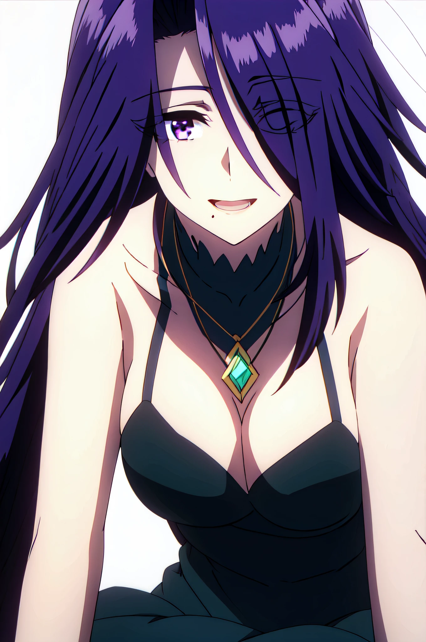 aurora, 1girl, solo, hair over one eye, purple eyes, mole under mouth, mole, long hair, breasts, smile, jewelry, open mouth, cleavage, white background, purple hair, upper body, simple background, necklace, large breasts, bare shoulders, cleavage cutout, clothing cutout, looking at viewer, sleeveless high quality, best quality, ultra detailed, masterpiece, bare shoulders