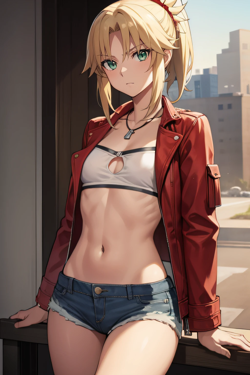 fgomordred, modred, (green eyes:1.5), blonde hair, ponytail, short hair, scrunchie, red scrunchie, hair scrunchie, (small breast:1.2), BREAK blonde hair, denim, denim shorts, jacket, jewelry, midriff, navel, necklace, red jacket, short shorts, shorts, tube top, white top, BREAK looking at viewer, BREAK outdoors, BREAK (masterpiece:1.2), best quality, high resolution, unity 8k wallpaper, (illustration:0.8), (beautiful detailed eyes:1.6), extremely detailed face, perfect lighting, extremely detailed CG, (perfect hands, perfect anatomy), house, bed