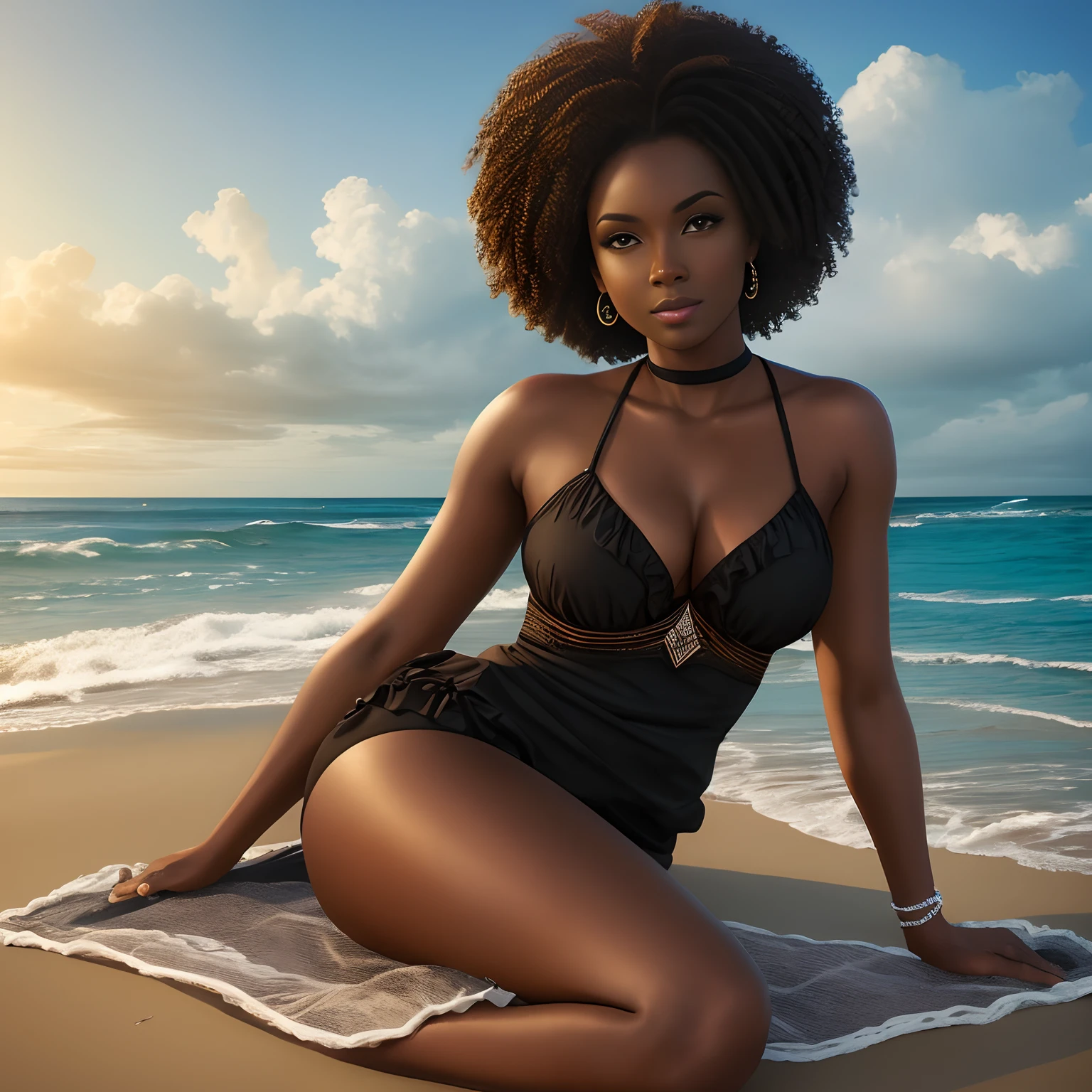 Femme noire,Ronde,Best quality,realistic image, Take photos at the beach