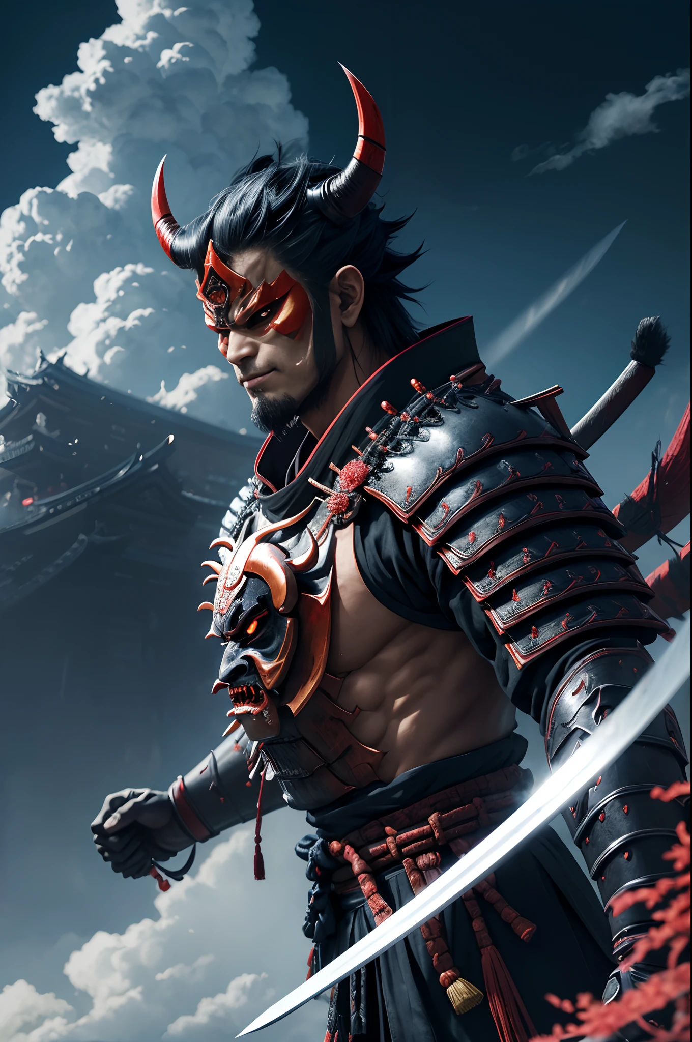 (demon samurai)、(Wearing a Demon Mask)、独奏、Like the whole body、(Armed with a long and large Japan sword)、facing front,magnificent artwork、((Kyoto panel painting style))、Wind-effect:1.9、Cloud Effects:1.2、Blue and black armor、Full Rendering、Encaustic Painting、unrealengine、