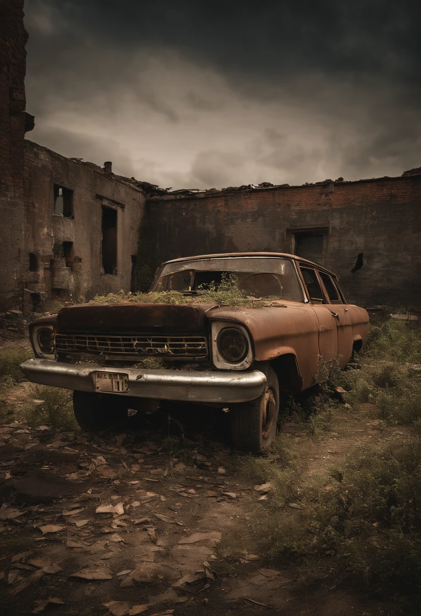 crumbling buildings, decayed architecture, desolate landscape, abandoned vehicles, polluted sky, overgrown vegetation, shattered windows, graffiti-covered walls, eerie atmosphere, dimly lit streets, post-apocalyptic vibes, rusty metal structures, broken infrastructure, somber mood, debris scattered everywhere, bleak and desolate scenery, hauntingly beautiful decay, silent abandoned streets, crumbling remnants of a once thriving city, a sense of loss and abandonment, a feeling of isolation and desolation, remnants of human existence amidst the ruins.