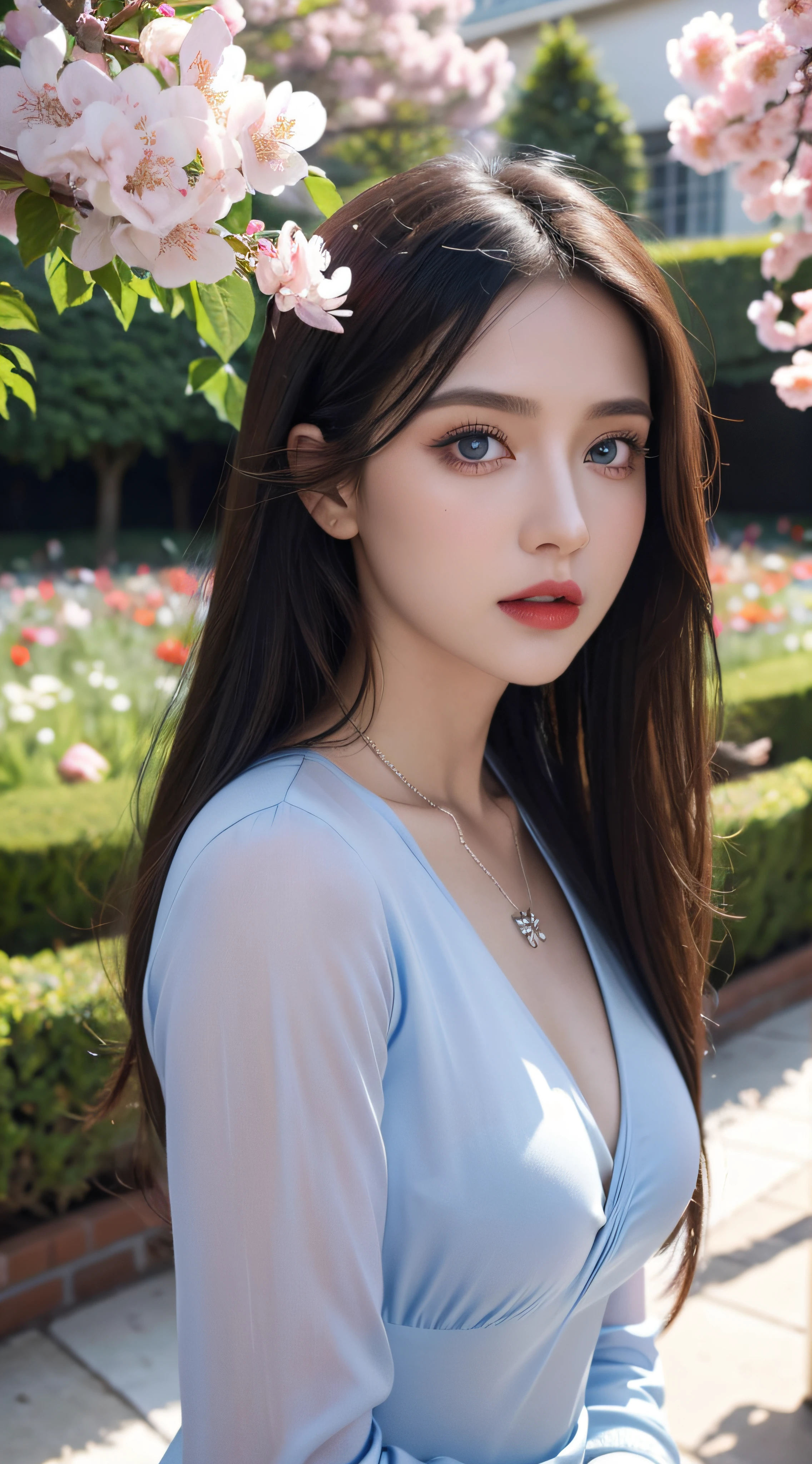 (8k, 4k, best quality, highres, ultra high res:1.1), (masterpiece, realistic, photo-realistic:1.1), 1girl, face, blue eyes, red lips, absurdly long hair, long eyelashes, eyeshadow, small face, big eyes, mature, big boobs, Baroque, Necklace, erotic dress, long sleeve, elegant, colorful, highest detailed, outdoors, garden, (flower blossom:1.2), nsfw, transparent clothes, skimpy clothes
