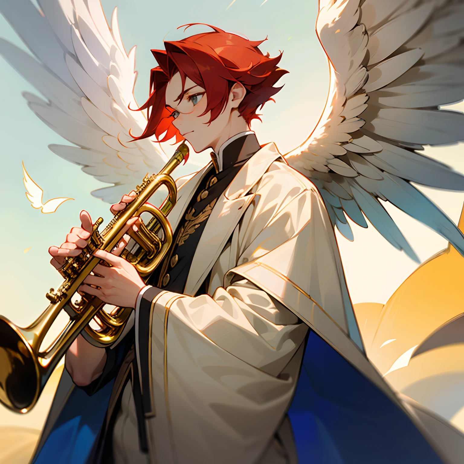 Male,man,in his 20s,handsome,short hair,red hair,light eyes,angel wings,sky,wearing white and black,holding a trumpet,blowing a trumpet,wearing a coat,royal clothes,divine,majestic,angelic clothes, light radiating, gold and silver,in the sky, four wings, angelic clothes