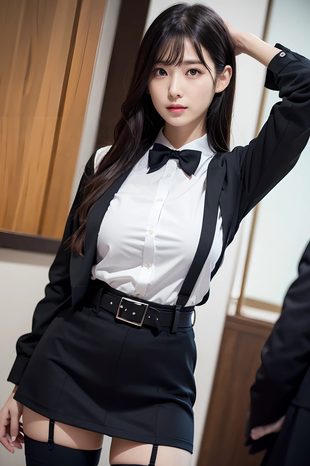 (masutepiece:1.2),High quality,vivd colour,flat-colors,Deep Depth Of Field,Lens Flare,1 girl,Black hair,eyecontact,Suit,Collared shirt,Belt bag,suspenders,Professional,Office Lady,Mature Women,Black mini skirt garterbelts knee high Stockings Black Niso Colorcon armpit sweat perspiring Side of both hands,Black jacket,Gaze,ample bosom,Armpit sweat,Exposing the armpits"Pichi Pichi clothes