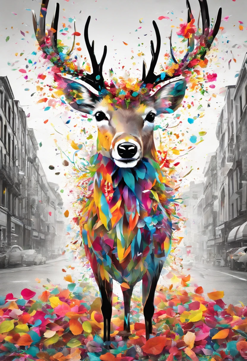 Large Glass Vase with Jumping Tiny Deer, Fur and antlers made of colorful petals, Aufwendig detailliert, Licht-Reflexionen, Helle Beleuchtung, Volumetrische Beleuchtung, greyish background, scharfer Fokus, award-winning photograph