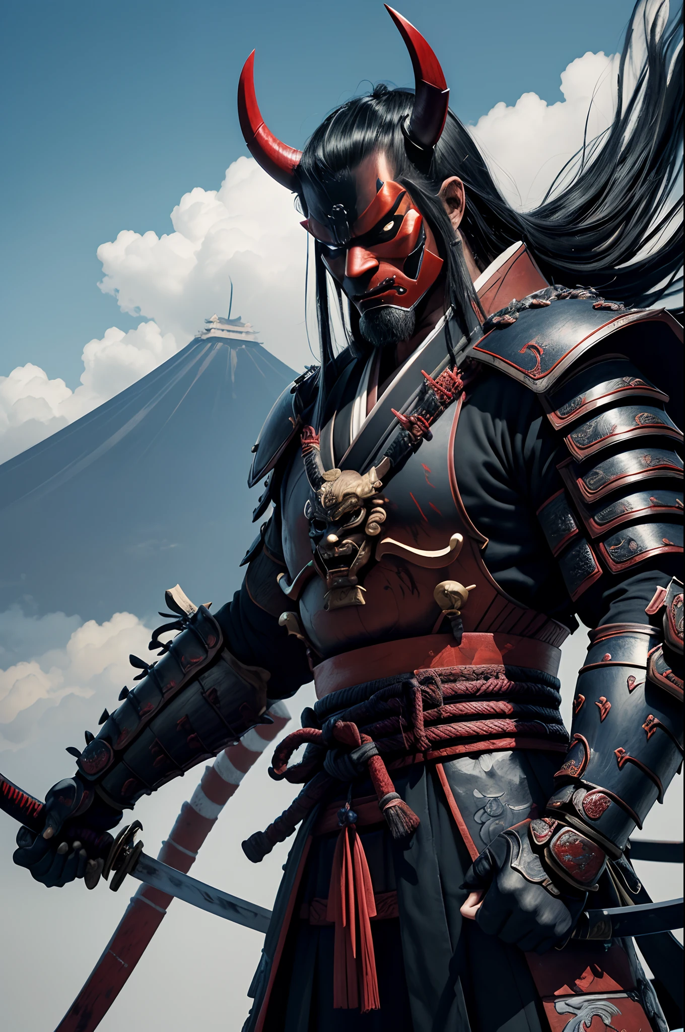 (demon samurai)、(Demon Mask)、独奏、Like the whole body、(Armed with a long and large Japan sword)、facing front,magnificent artwork、((Kyoto panel painting style))、Wind-effect:1.9、Cloud Effects:1.2、Blue and black armor、Full Rendering、Encaustic Painting、unrealengine、