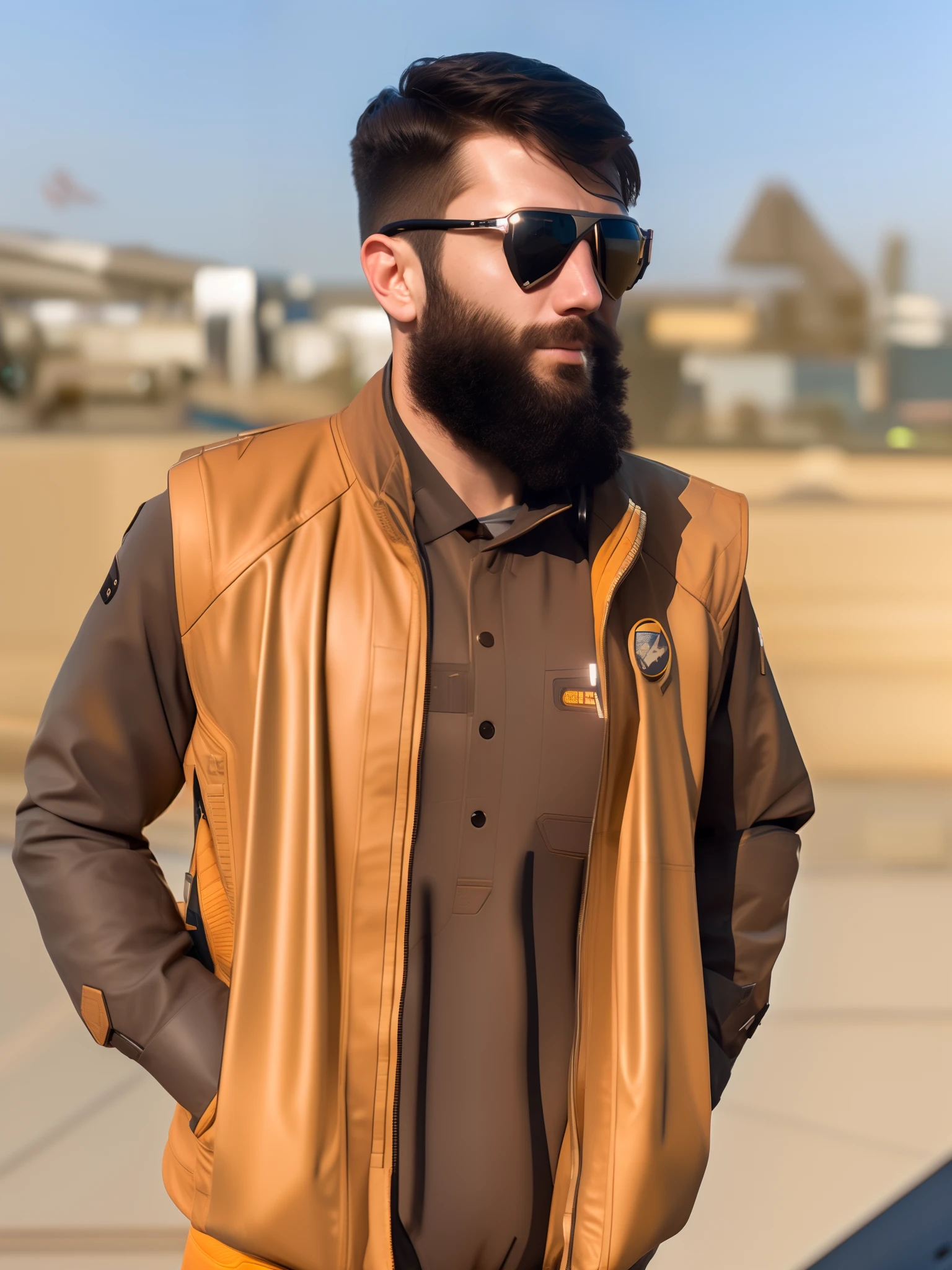 fking_scifi, award-winning photo of a man, black flight suit with yellow accents, brown hair, (gray eyes:1.35), square jawline, asymmetric face, standing in front of a window on a space ship, 80mm, bokeh, mass effect, close up, fking_cinema_v2