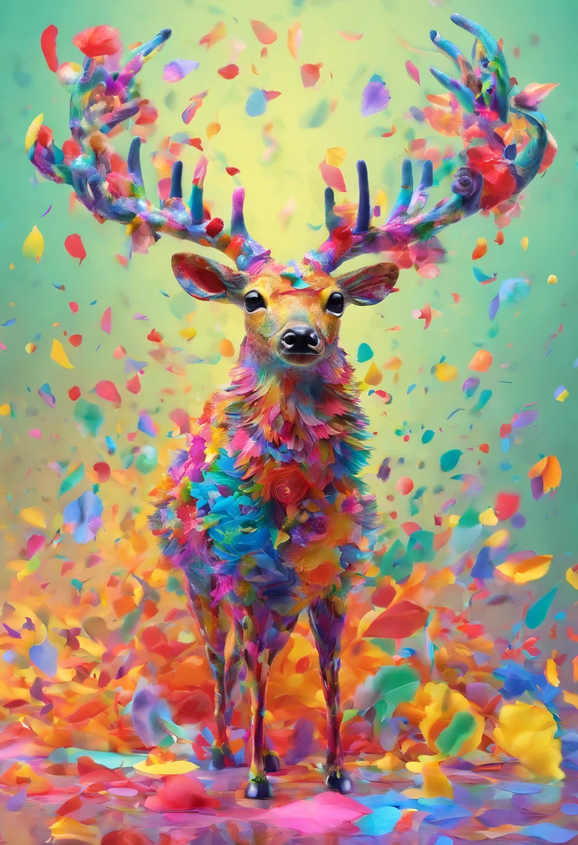 Large Glass Vase with Jumping Tiny Deer, Fur and antlers made of colorful petals, Aufwendig detailliert, Licht-Reflexionen, Helle Beleuchtung, Volumetrische Beleuchtung, greyish background, scharfer Fokus, award-winning photograph